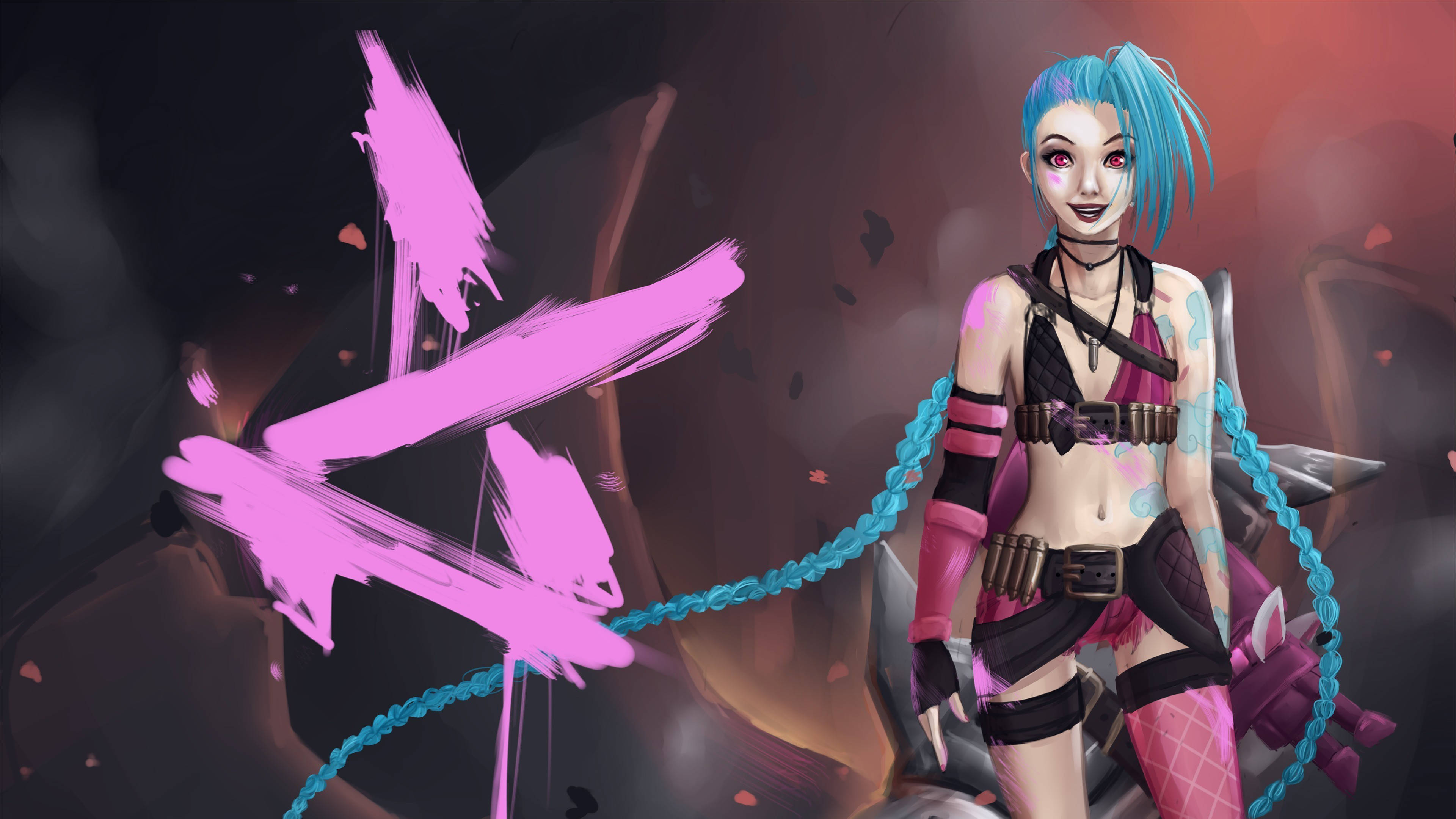 Jinx, blue hair, pink accents, 4K Desktop Wallpaper