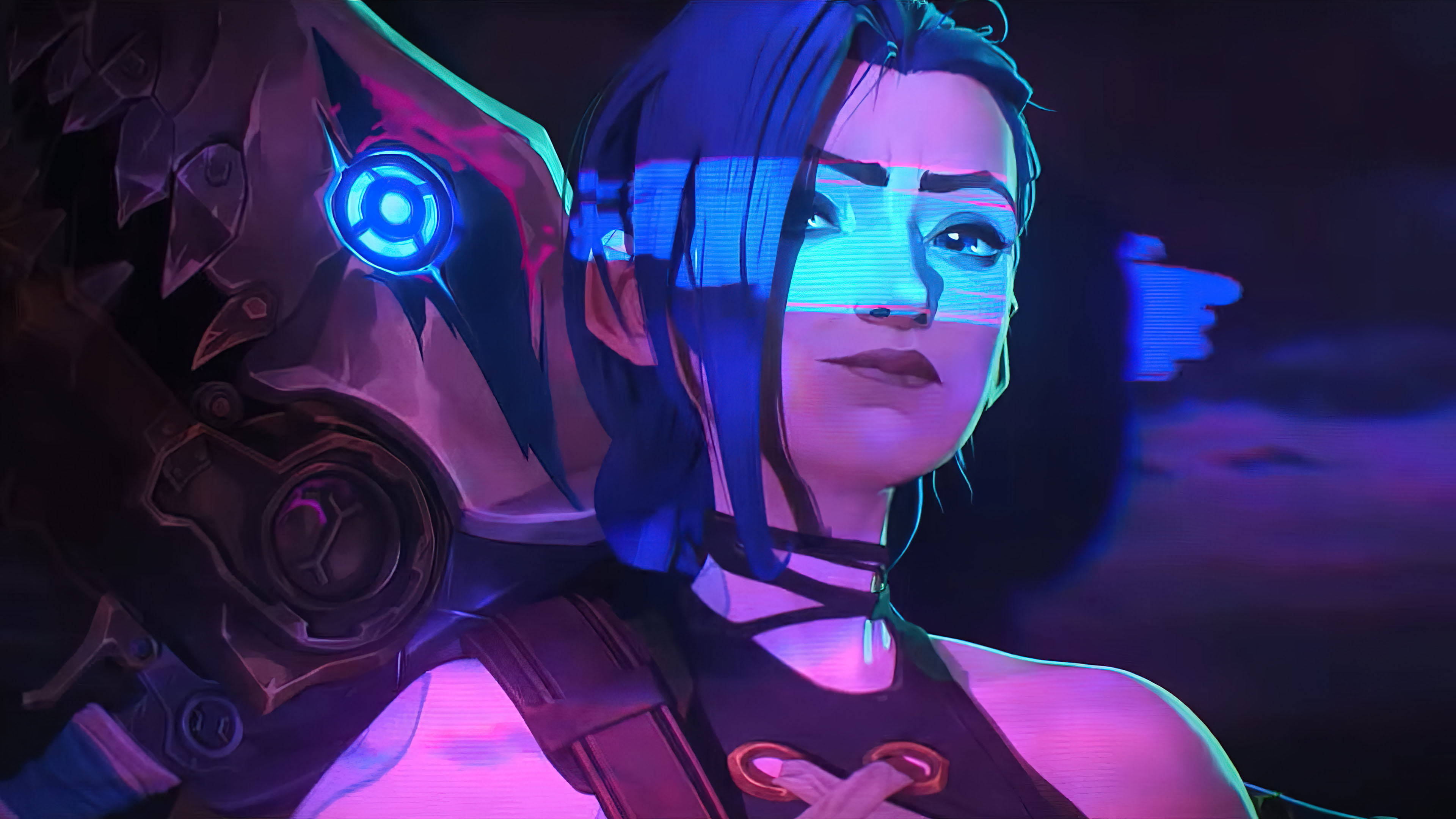 Blue Light Jinx, cyberpunk warrior, glowing blue cybernetic eyes, 4K Desktop Wallpaper