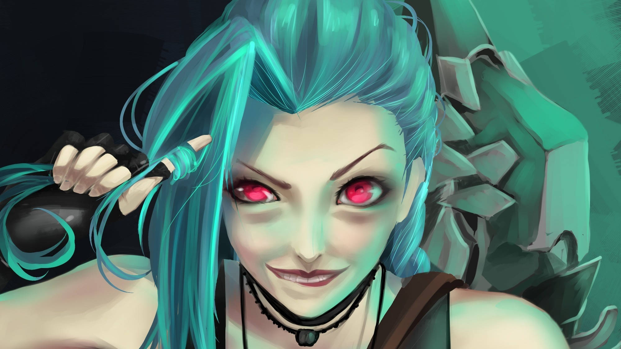 Jinx, red eyes, turquoise hair, Full HD Desktop Wallpaper