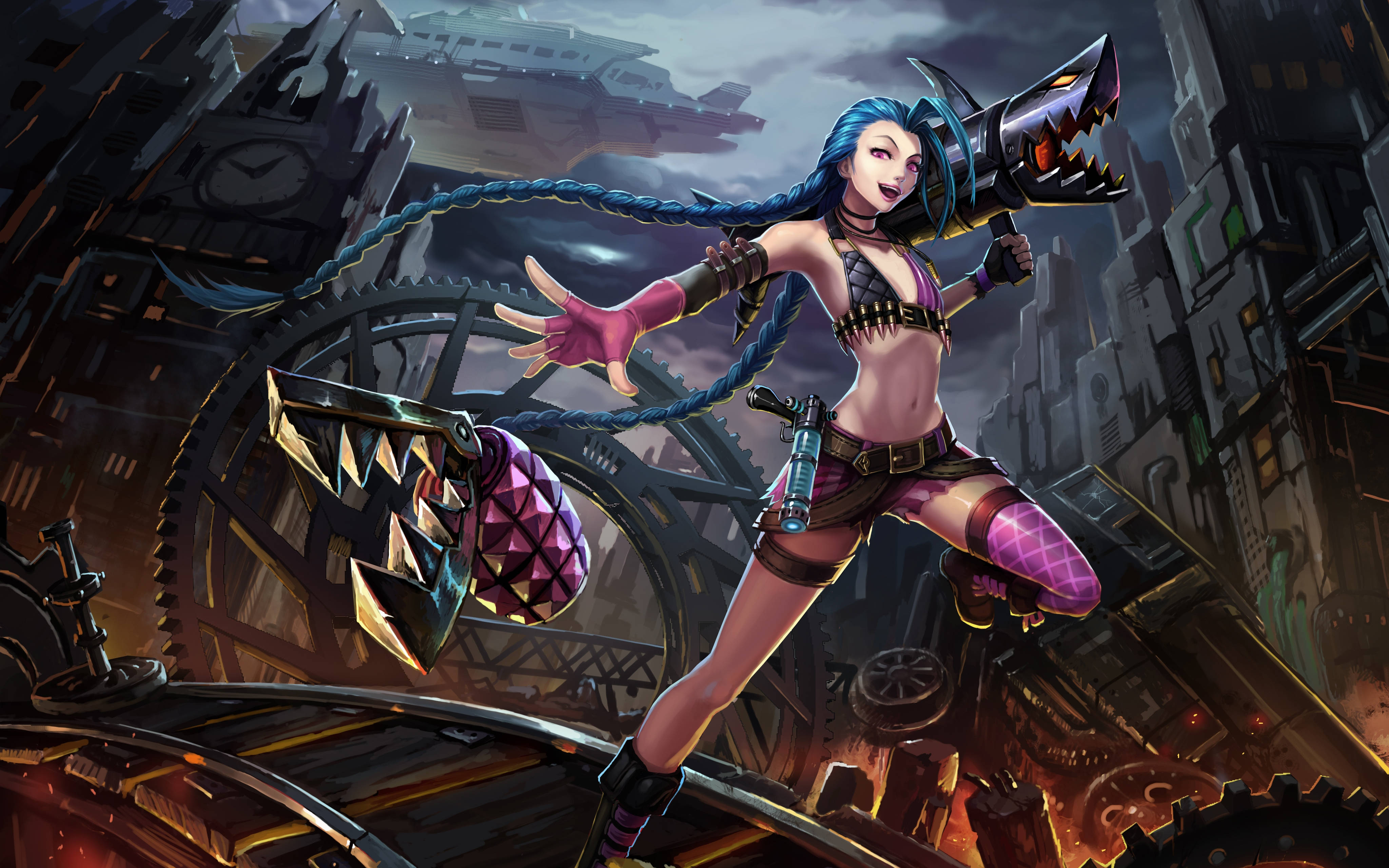 Jinx, blue-haired, mechanical claws, 4K Desktop Wallpaper