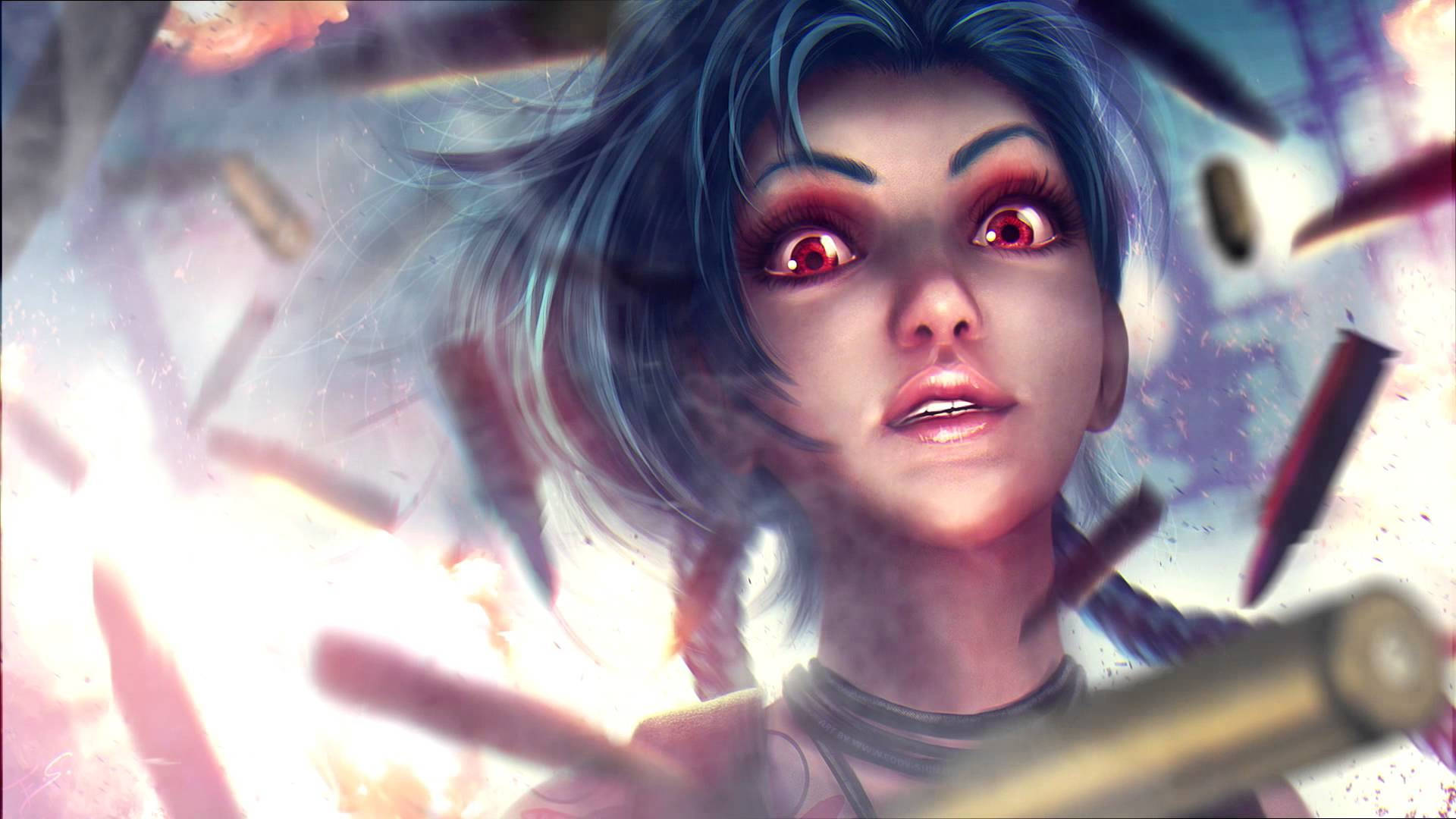 Jinx, flying ammunition, glowing red eyes, Full HD Desktop Wallpaper