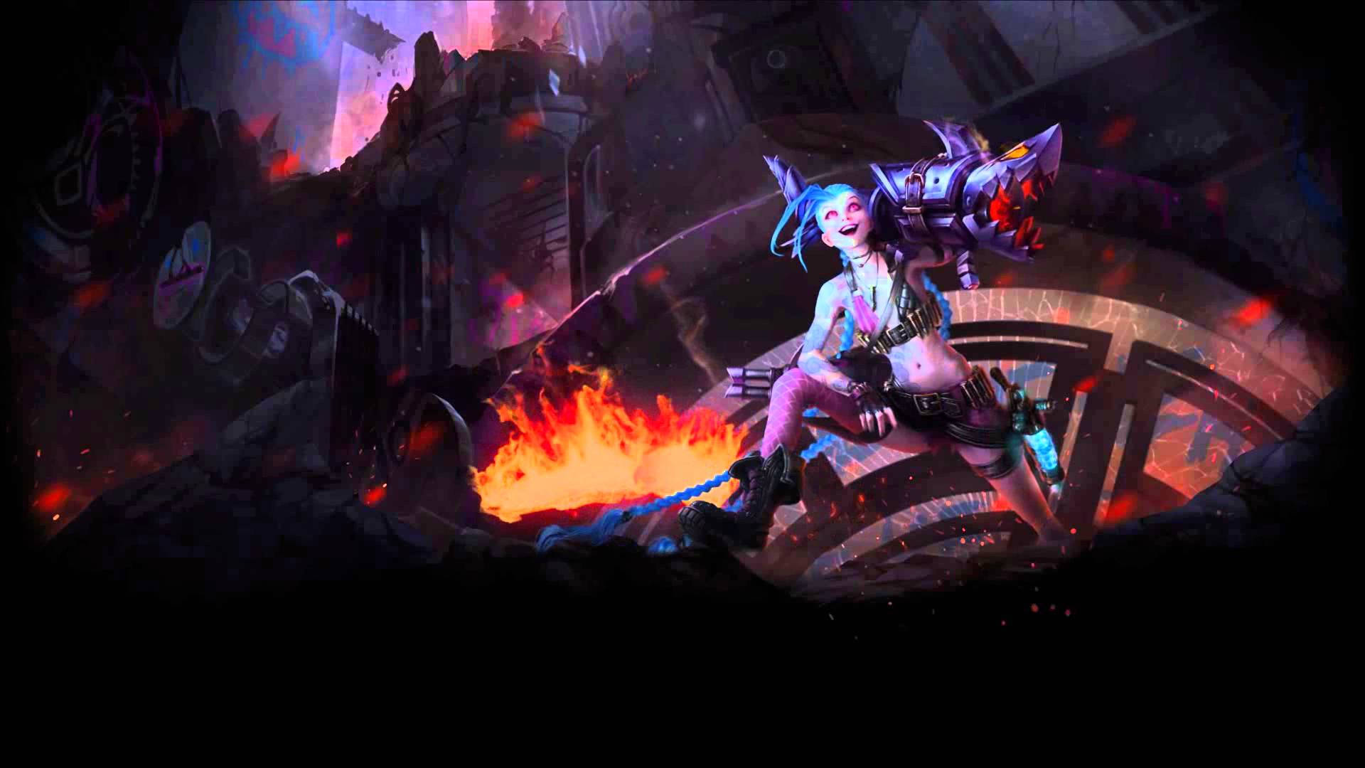 Jinx, blue hair, fiery weapon, Full HD Desktop Wallpaper