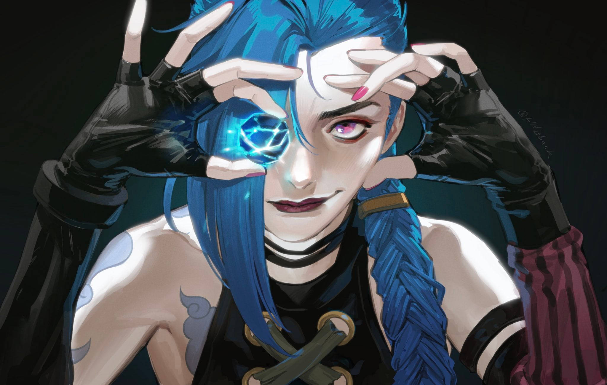 Jinx, blue-haired anime character, glowing cybernetic eye, Full HD Desktop Wallpaper