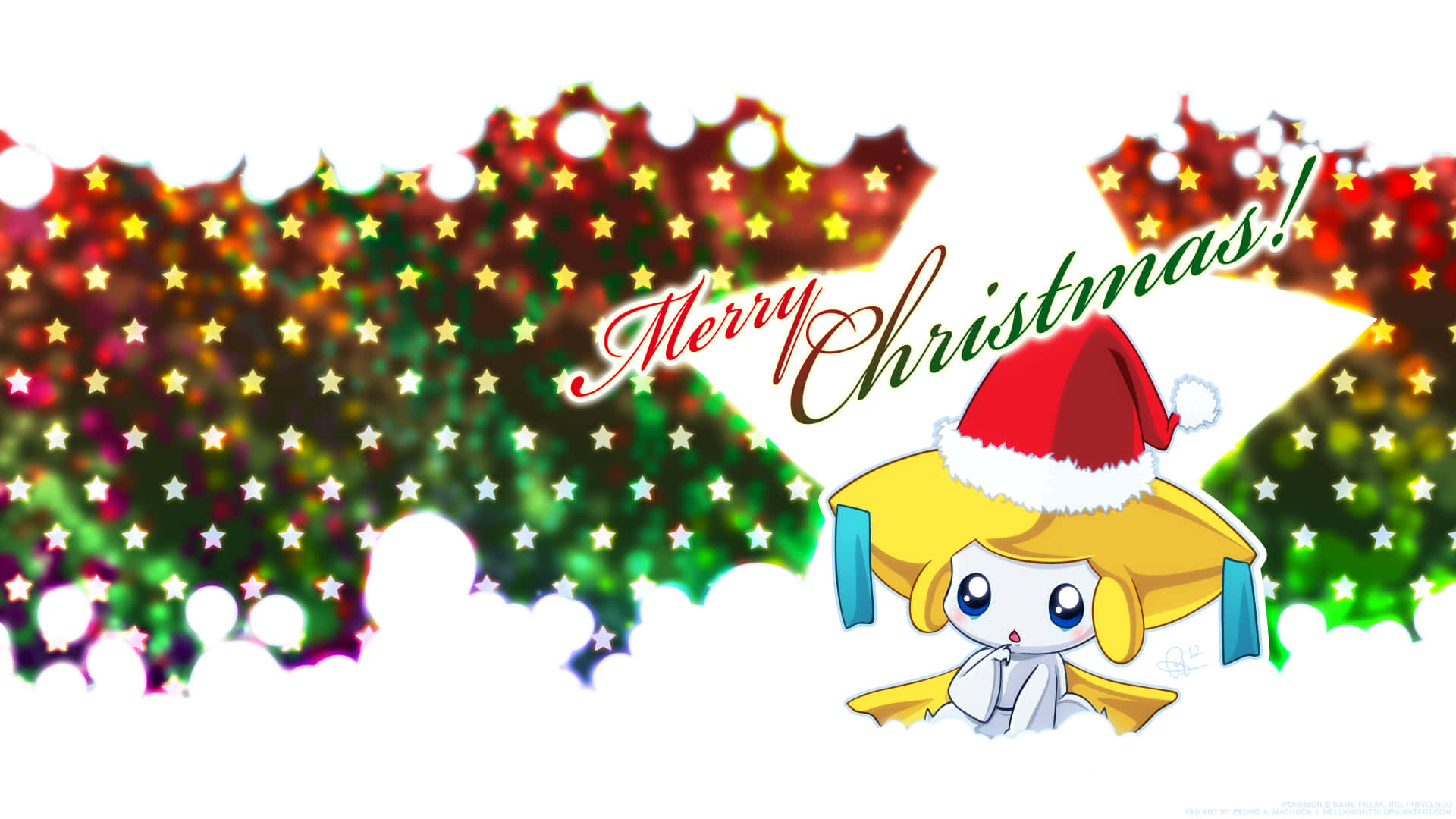 Jirachi, Santa hat, festive starry Christmas tree, Full HD Desktop Wallpaper
