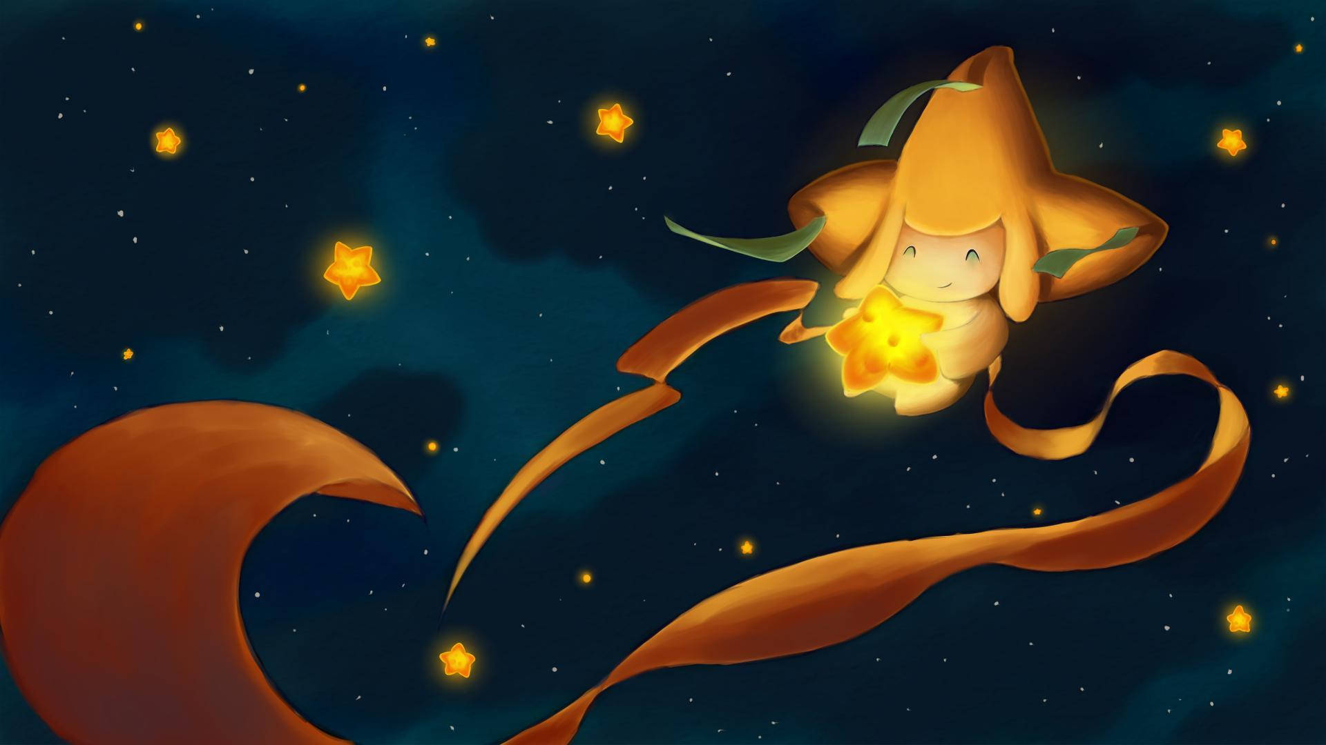 Jirachi, star-shaped creature, flowing orange ribbons, Full HD Desktop Wallpaper