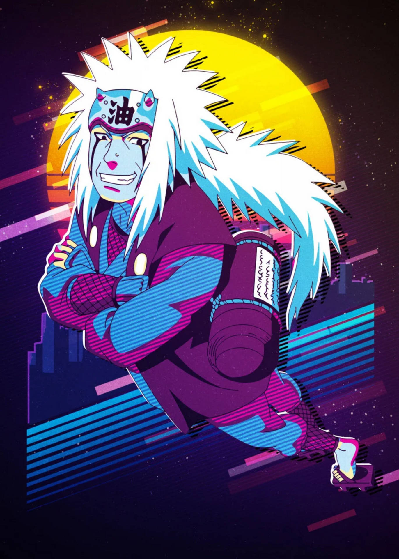 Jiraiya, synthwave art, spiky white hair, Full HD Phone Wallpaper