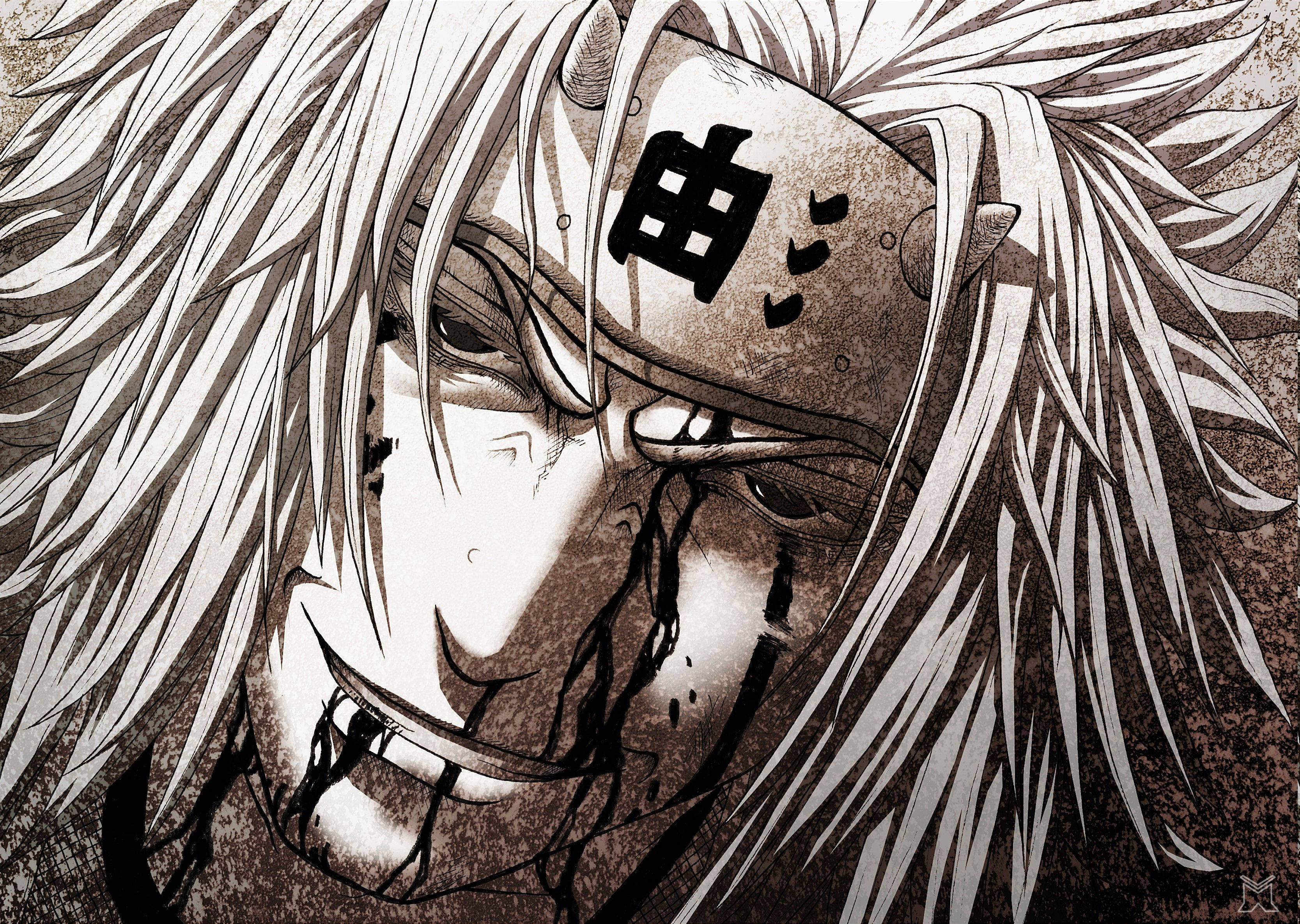 Jiraiya, greyscale manga art, masked warrior, 2K Desktop Wallpaper
