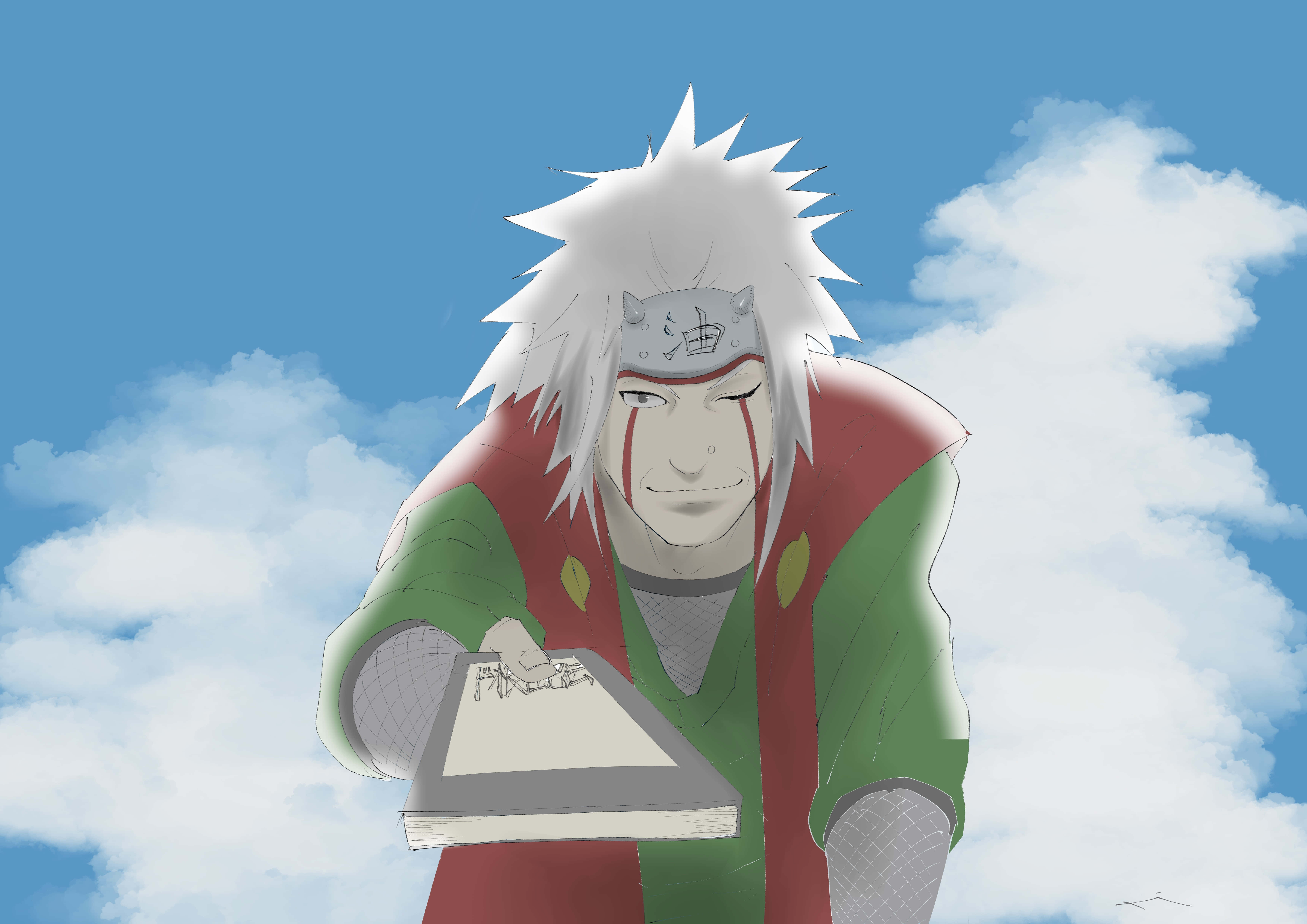 Jiraiya, spiky white-haired anime ninja, green and red armor, 5K Desktop Wallpaper