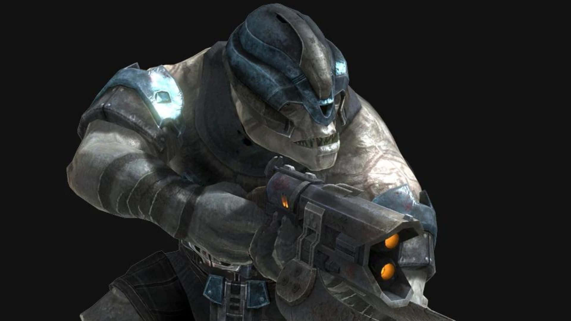 Jiralhanae, glowing blue eyes, orange weapon lights, Full HD Desktop Wallpaper