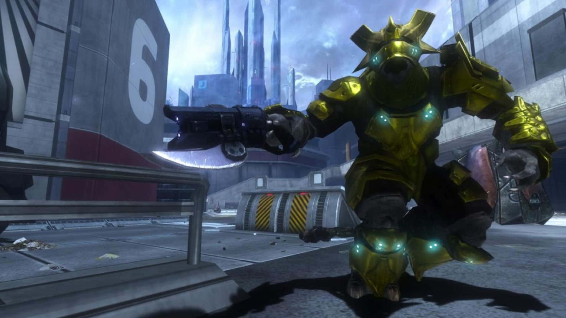 Jiralhanae, golden armored robot, glowing blue eyes, Full HD Desktop Wallpaper