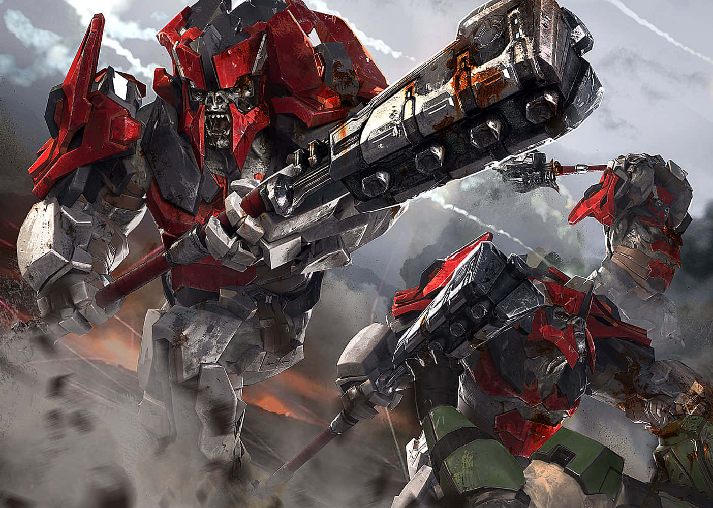 Jiralhanae, red and gray mechs, smoky warzone, HD Desktop Wallpaper
