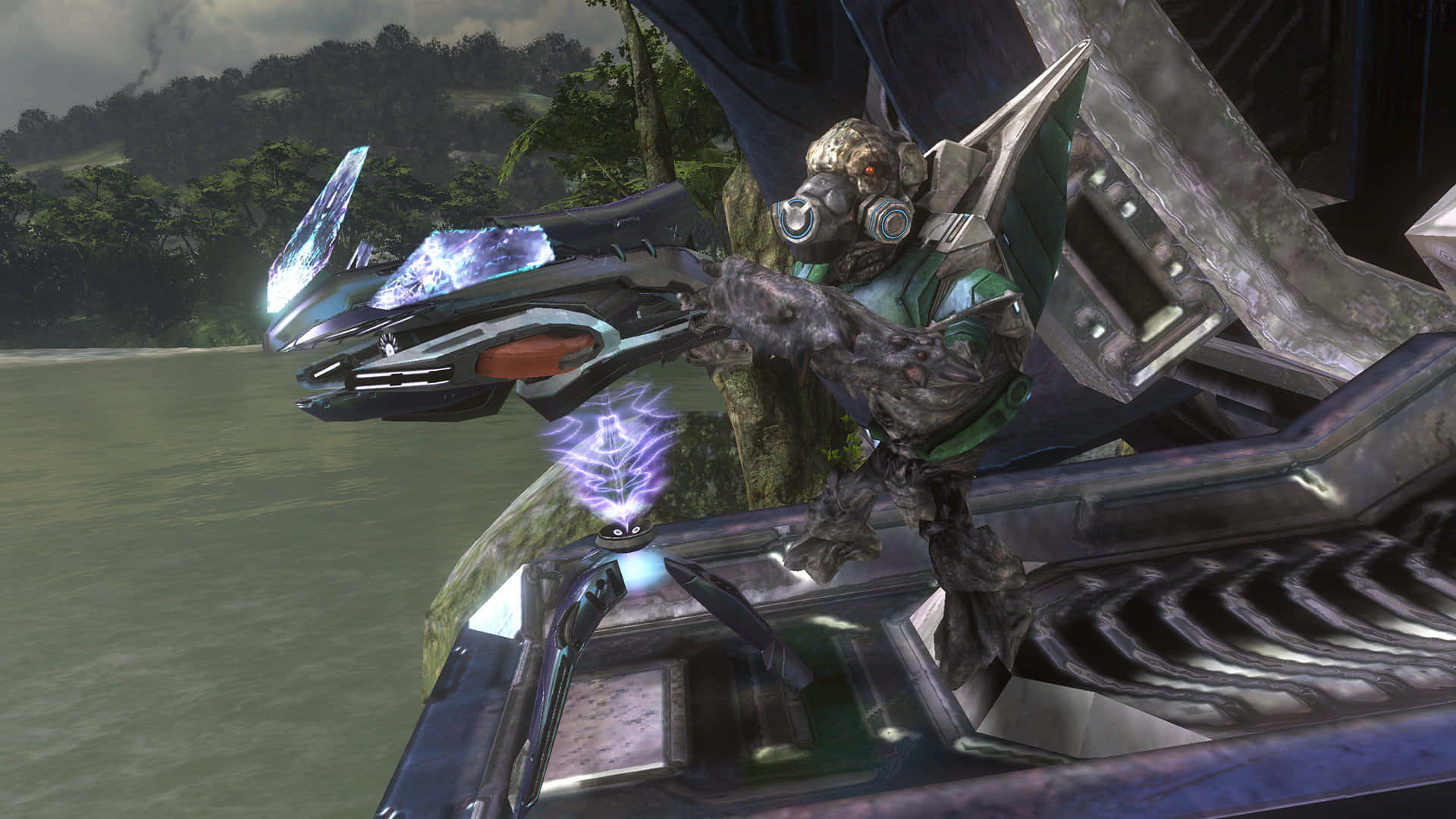Jiralhanae, green armor, glowing purple energy weapon, Full HD Desktop Wallpaper