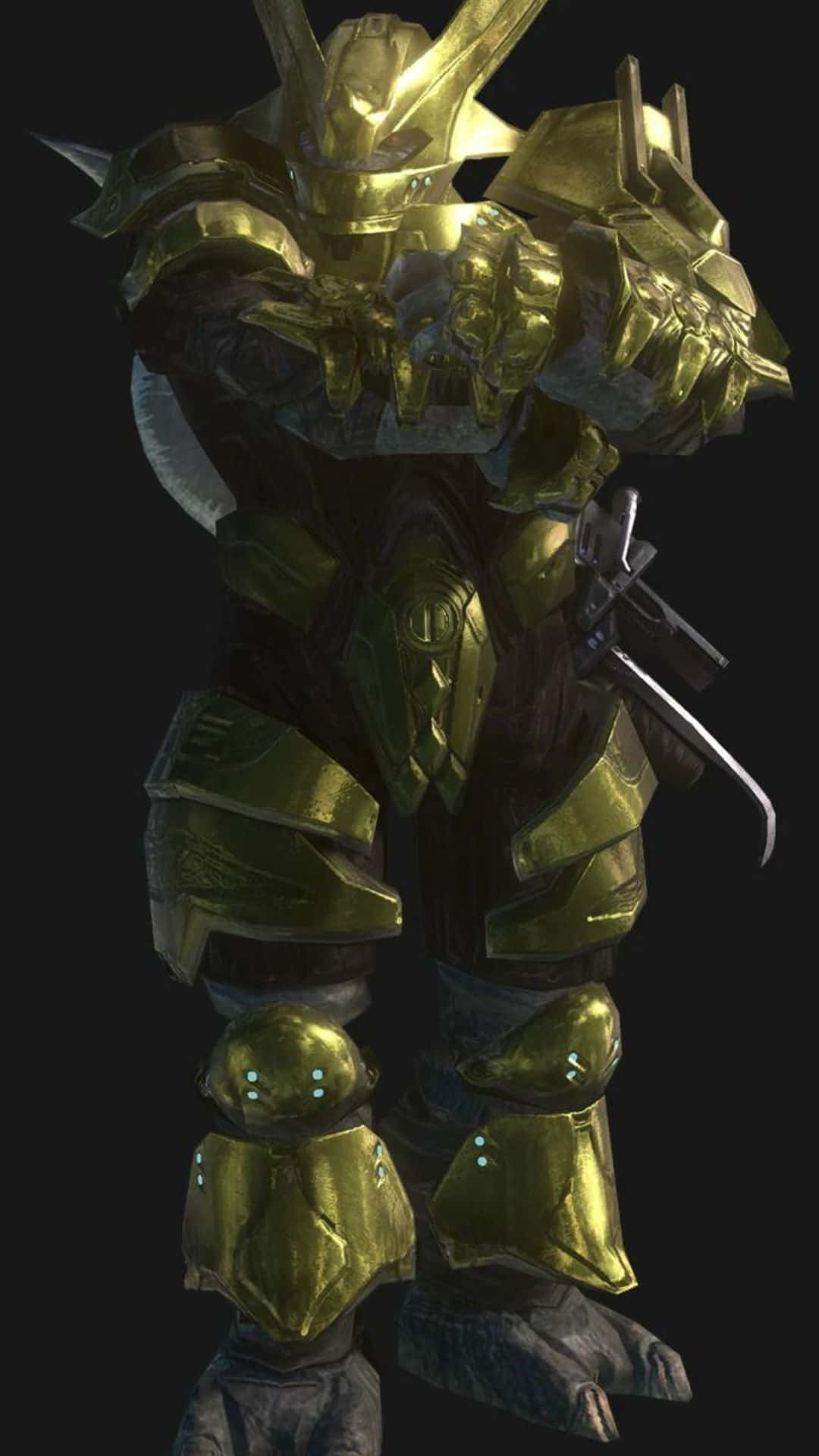 Jiralhanae, gold and dark plate armor, curved blade, Full HD Phone Wallpaper