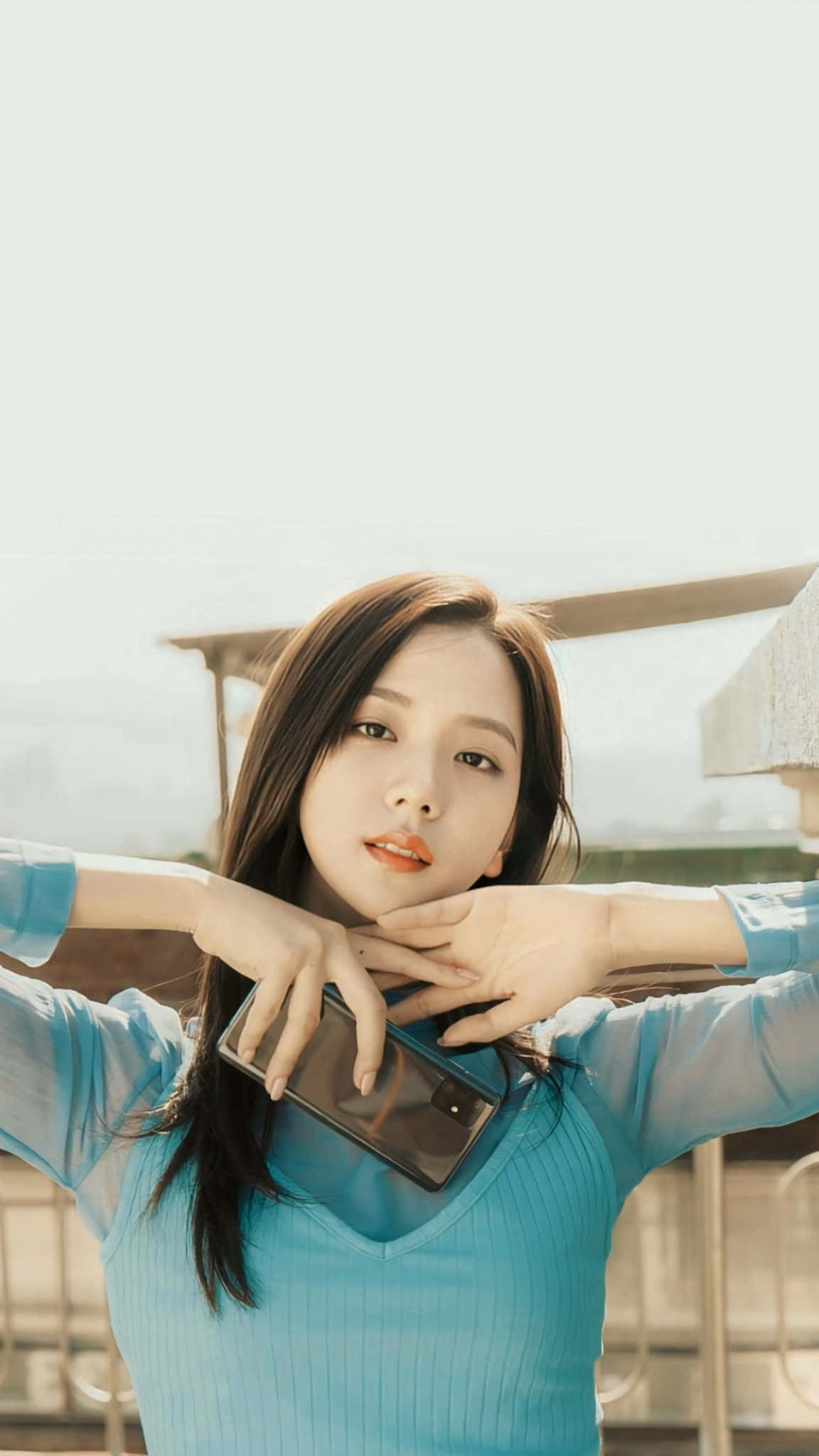 Jisoo Blackpink, South Korean beauty, blue ribbed top, Full HD Phone Wallpaper