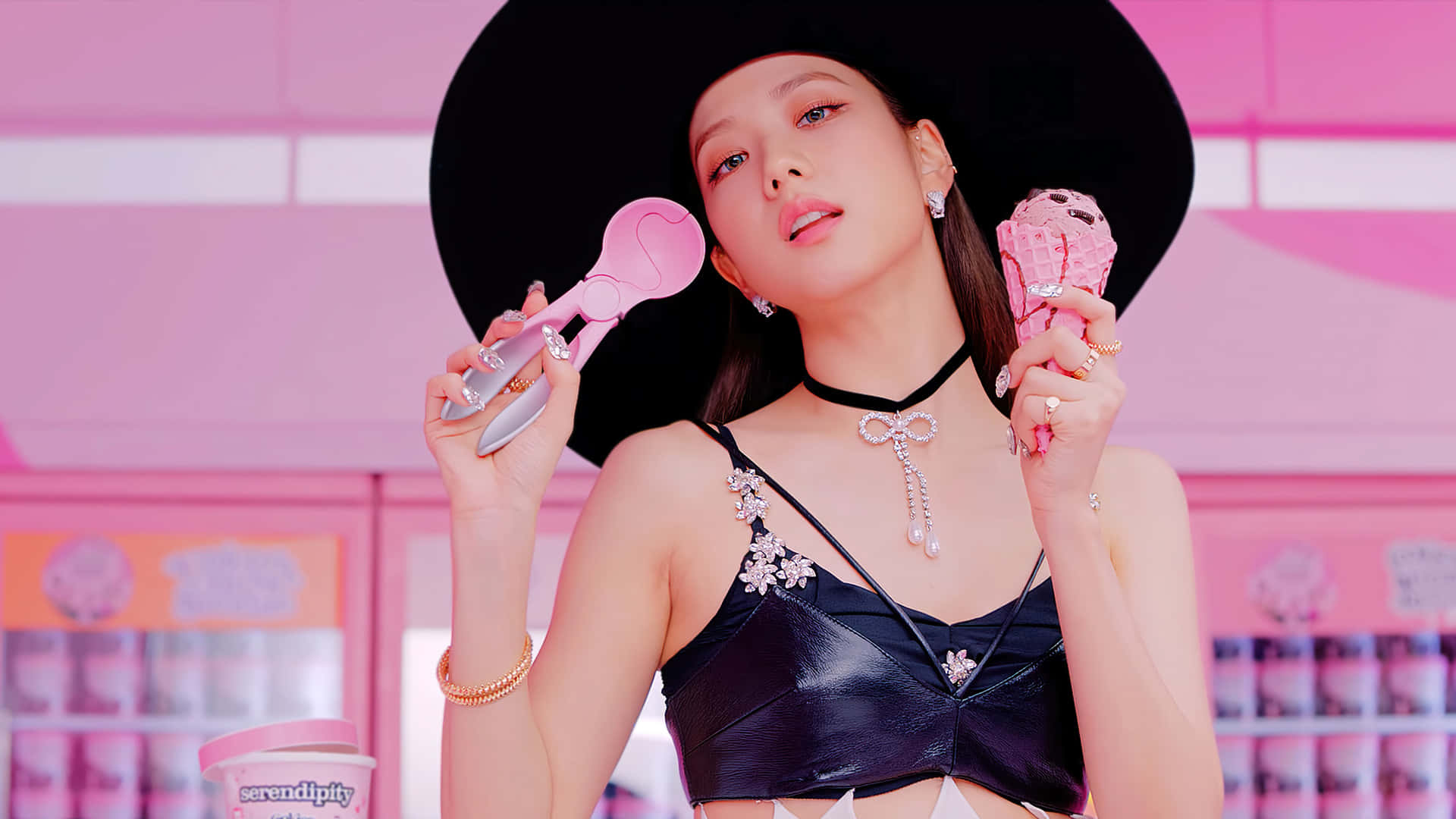 Jisoo Blackpink, ice cream, black outfit, Full HD Desktop Wallpaper