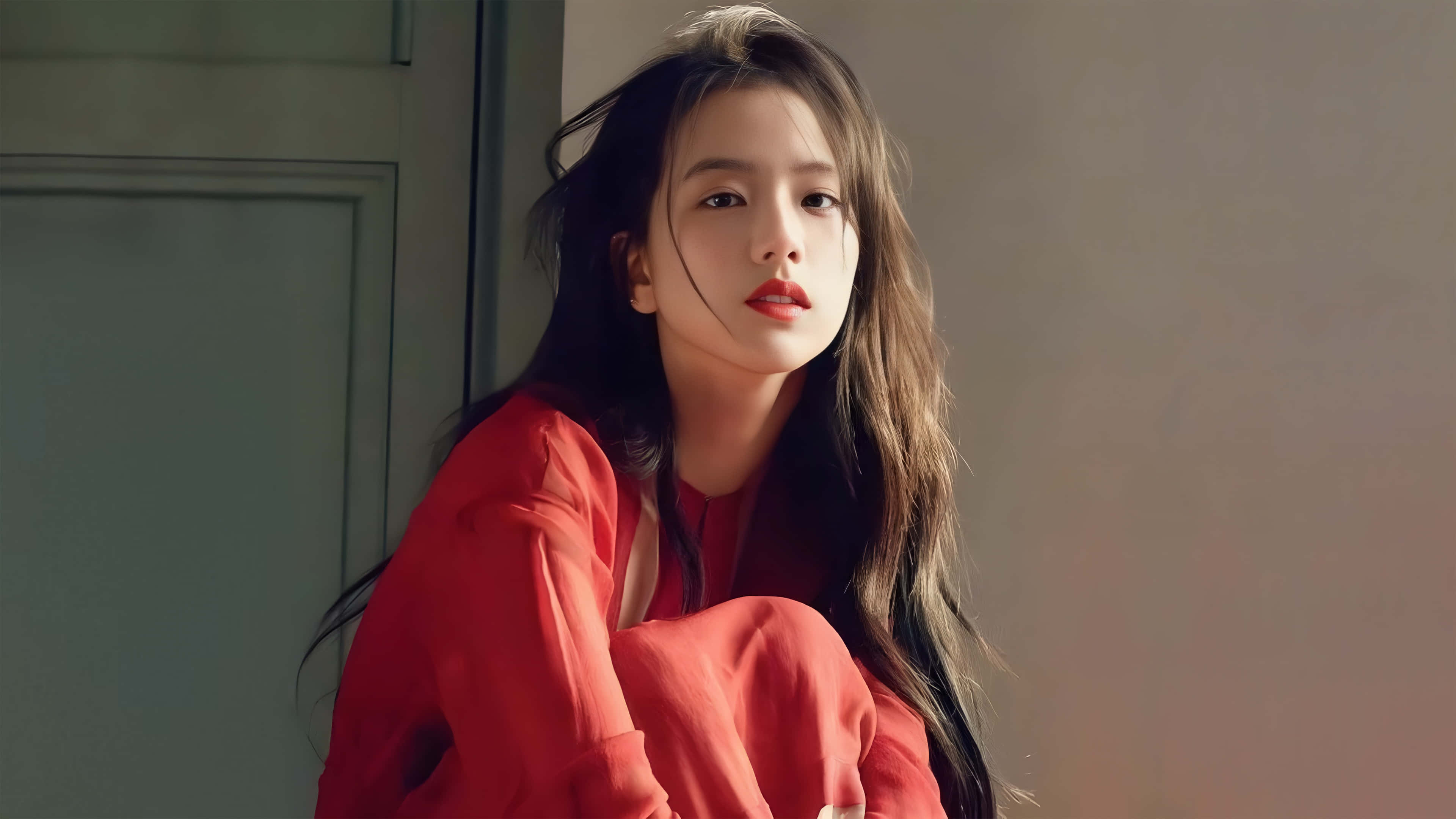 Jisoo Blackpink, elegant red dress, red blouse, 4K Desktop Wallpaper