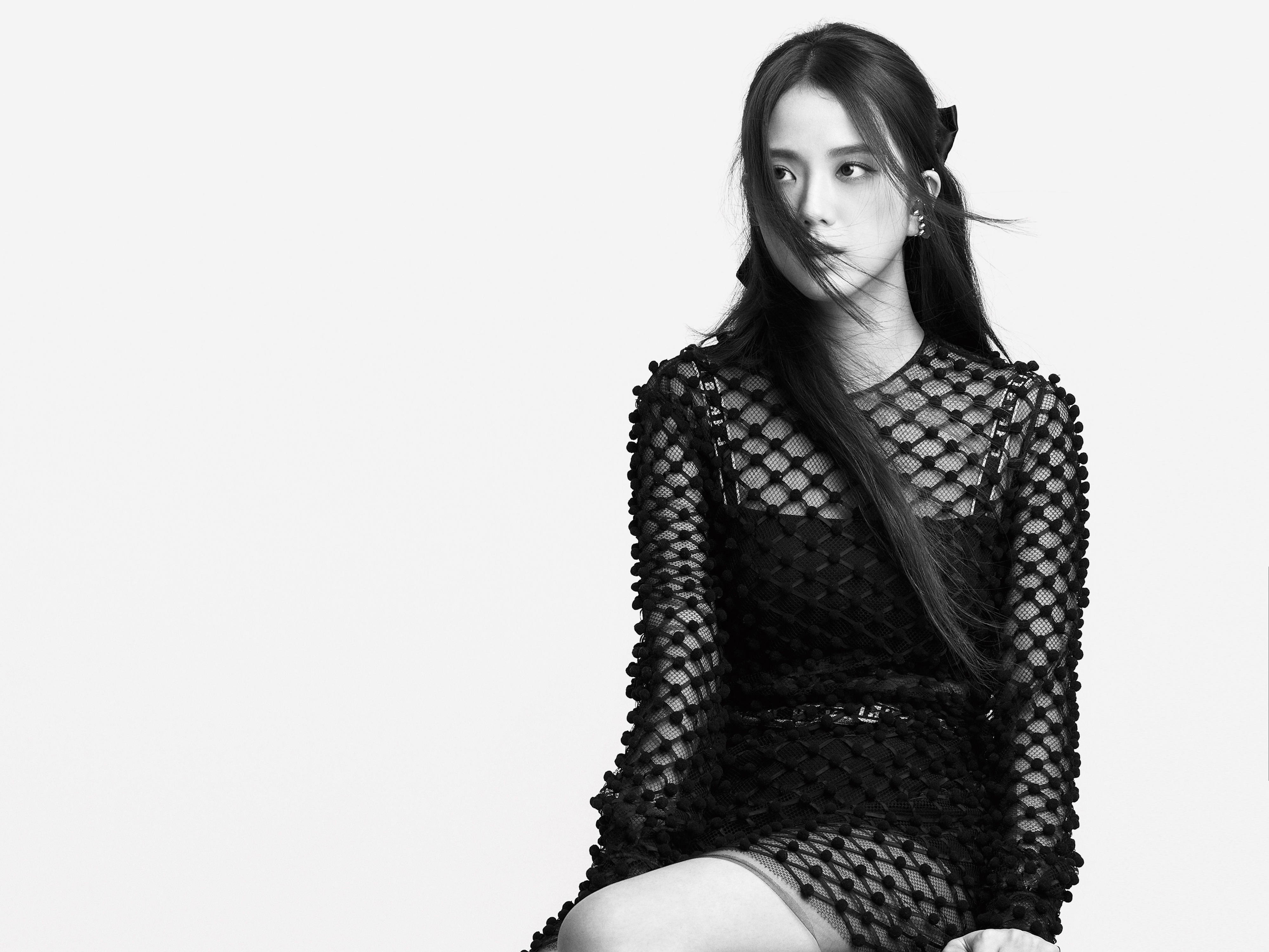 Jisoo Blackpink, black mesh dress, stark white background, 4K Desktop Wallpaper