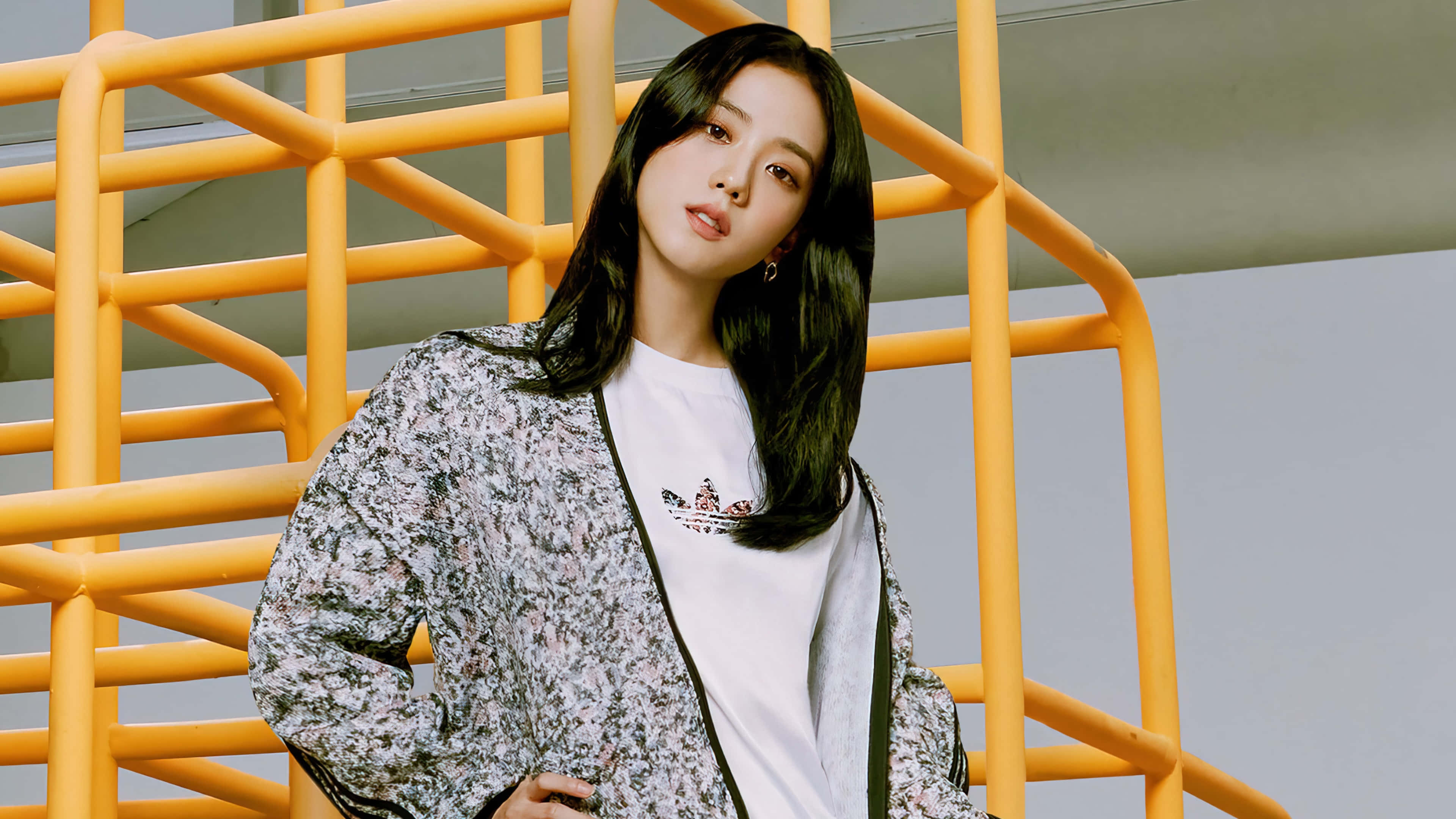Jisoo Blackpink, floral jacket, bold yellow metal staircase, 4K Desktop Wallpaper