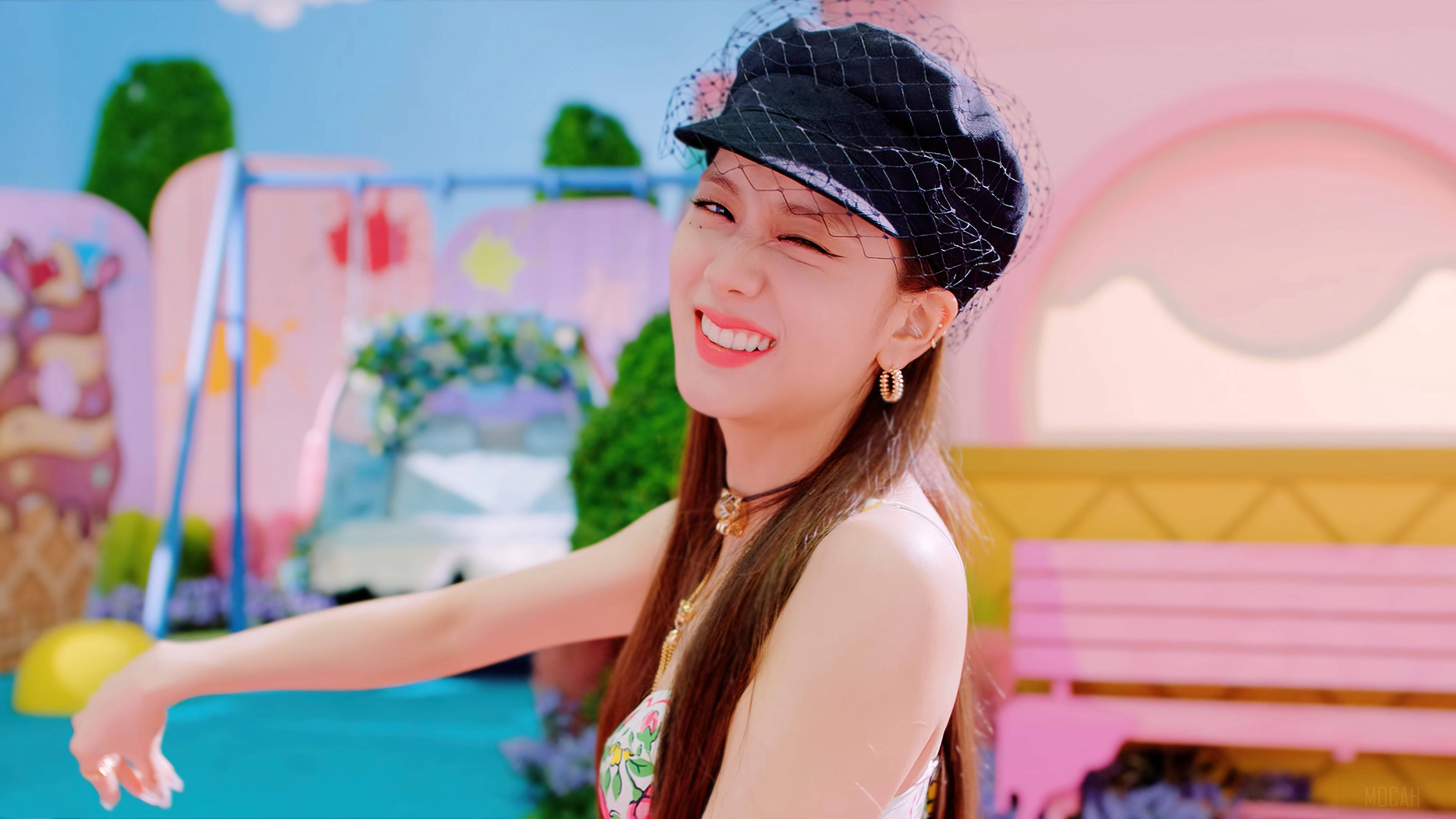 Jisoo, black hat, pastel-colored whimsical playground, 4K Desktop Wallpaper