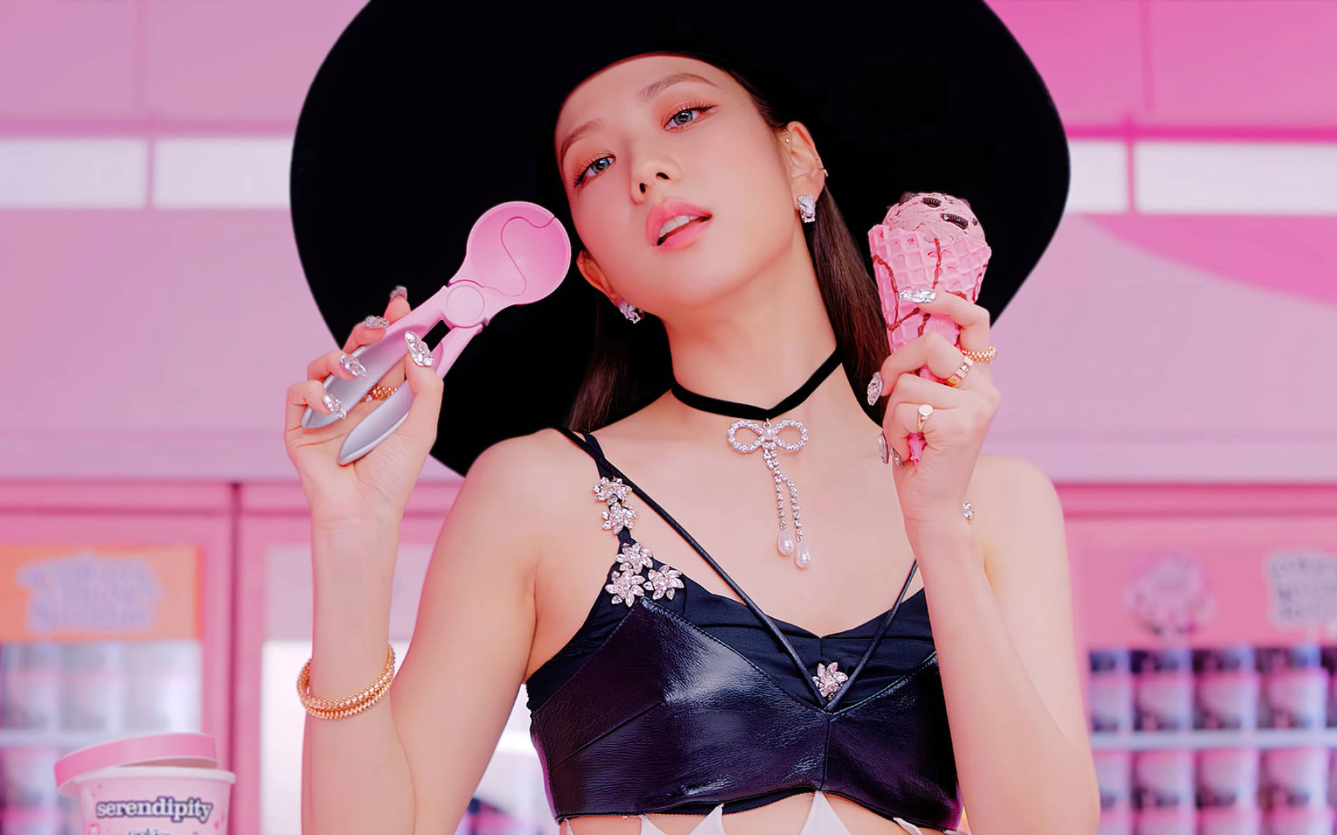 Jisoo, ice cream, pink ice cream, Full HD Desktop Wallpaper