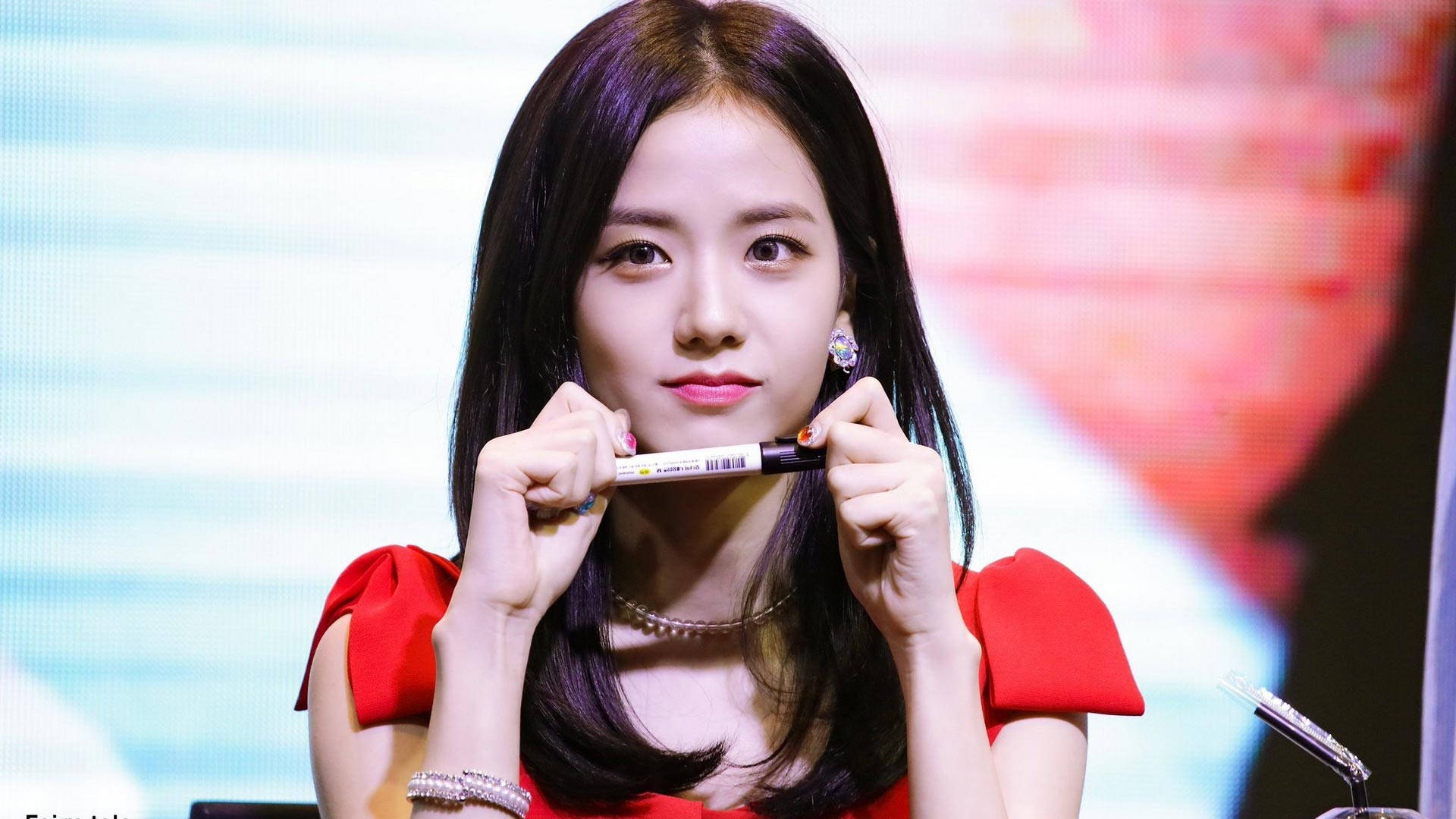Jisoo, red dress, marker, Full HD Desktop Wallpaper