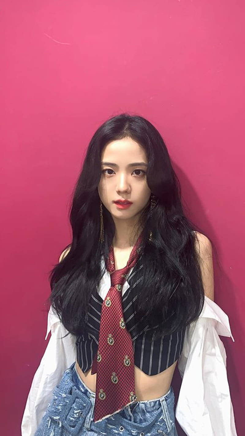 Jisoo, red background, vibrant pink wall, HD Phone Wallpaper