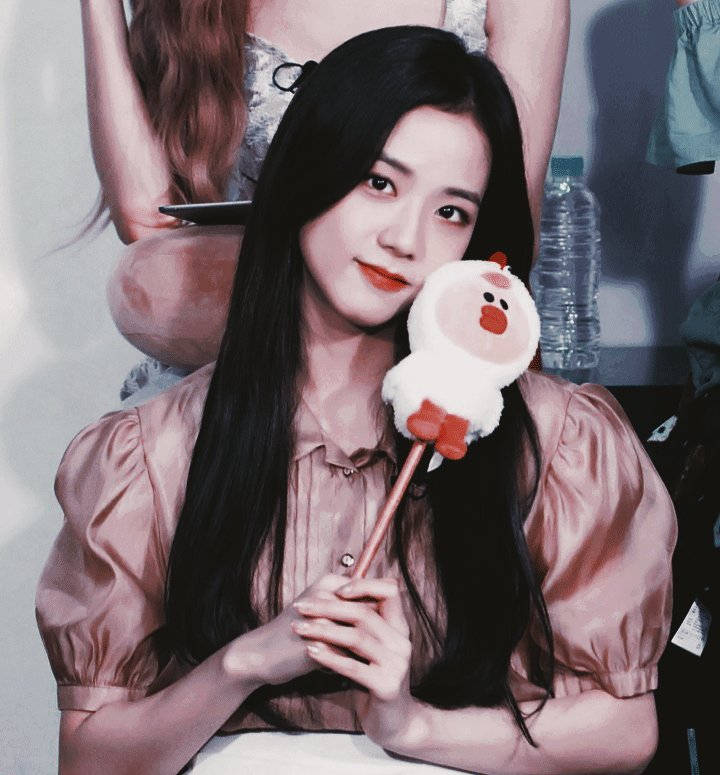 Jisoo, fluffy chicken plushie, long black hair, SD Phone Wallpaper