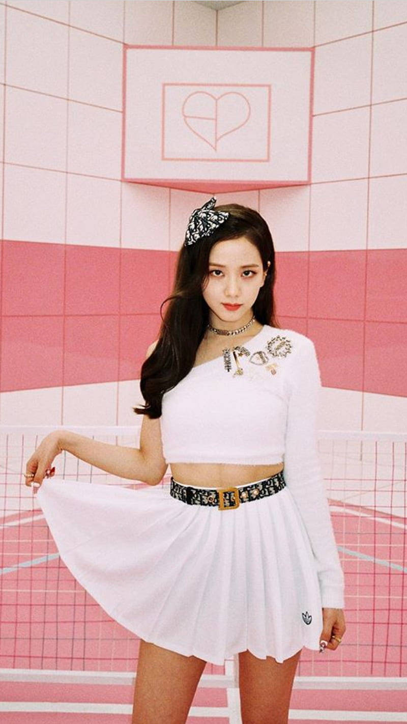 Jisoo, white outfit, pink and white tiled wall, HD Phone Wallpaper