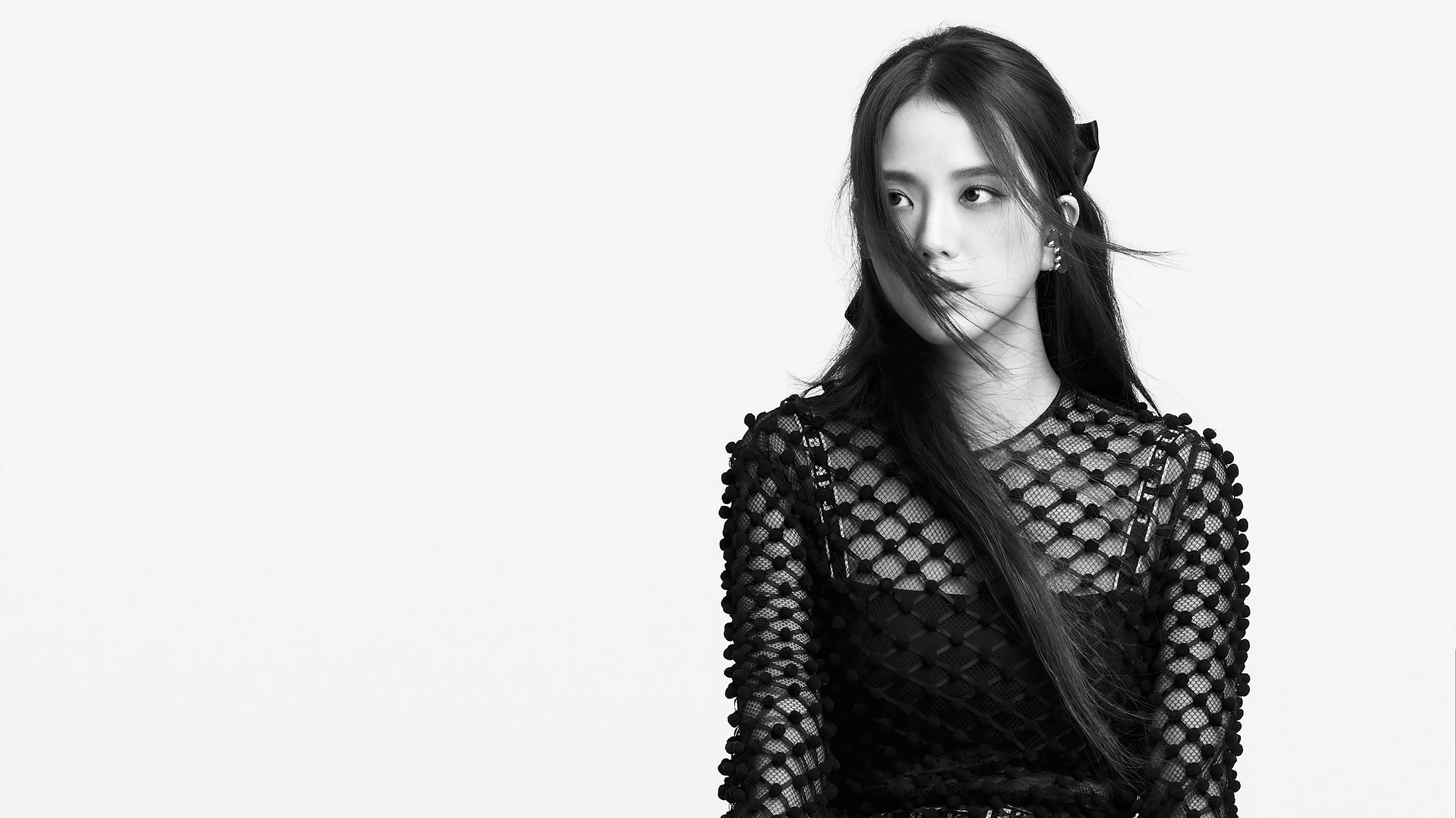 black and white, fishnet top, wind-swept hair, 4K Desktop Wallpaper