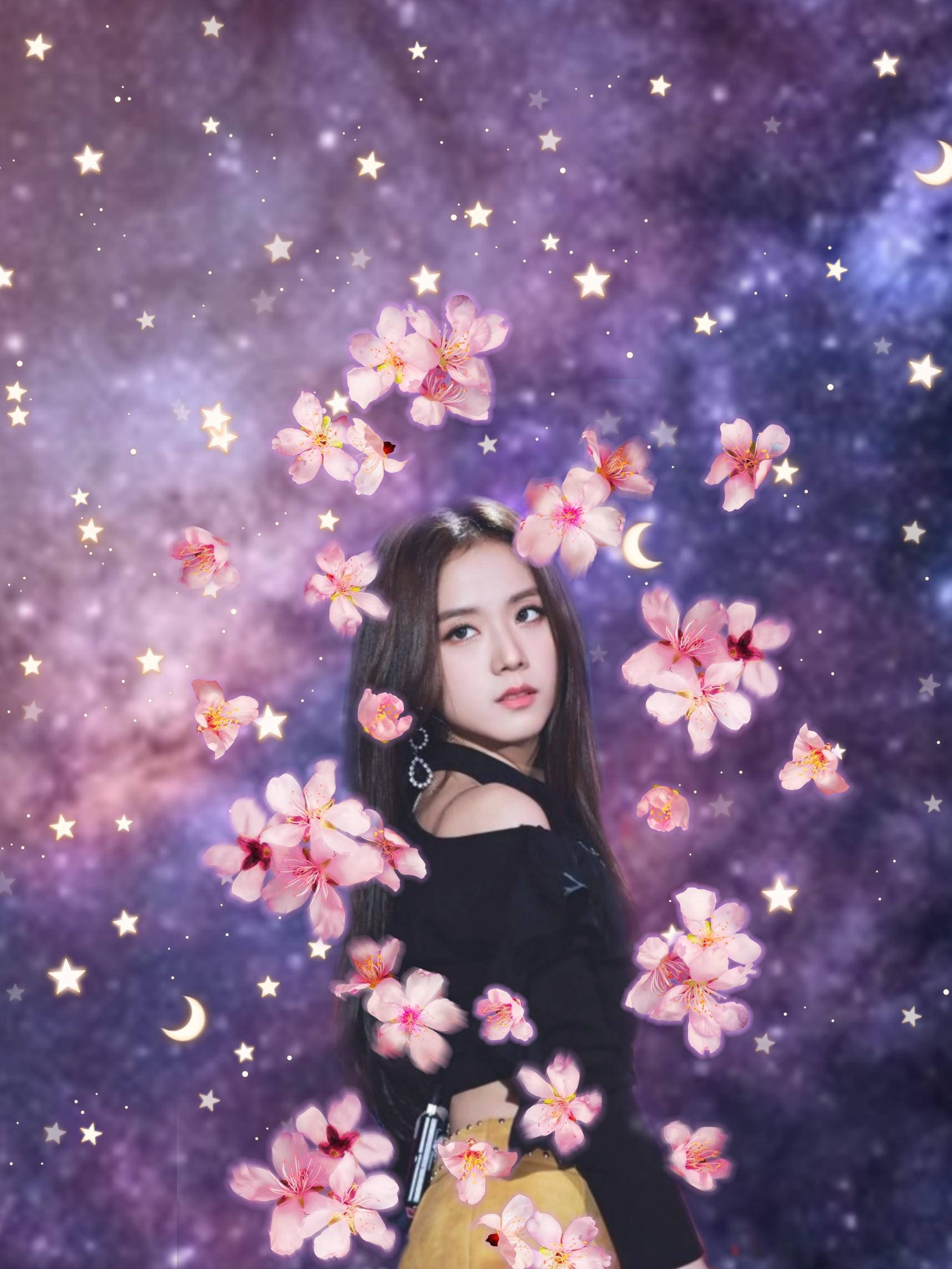 Jisoo, purple aesthetic, pink cherry blossoms, Full HD Phone Wallpaper