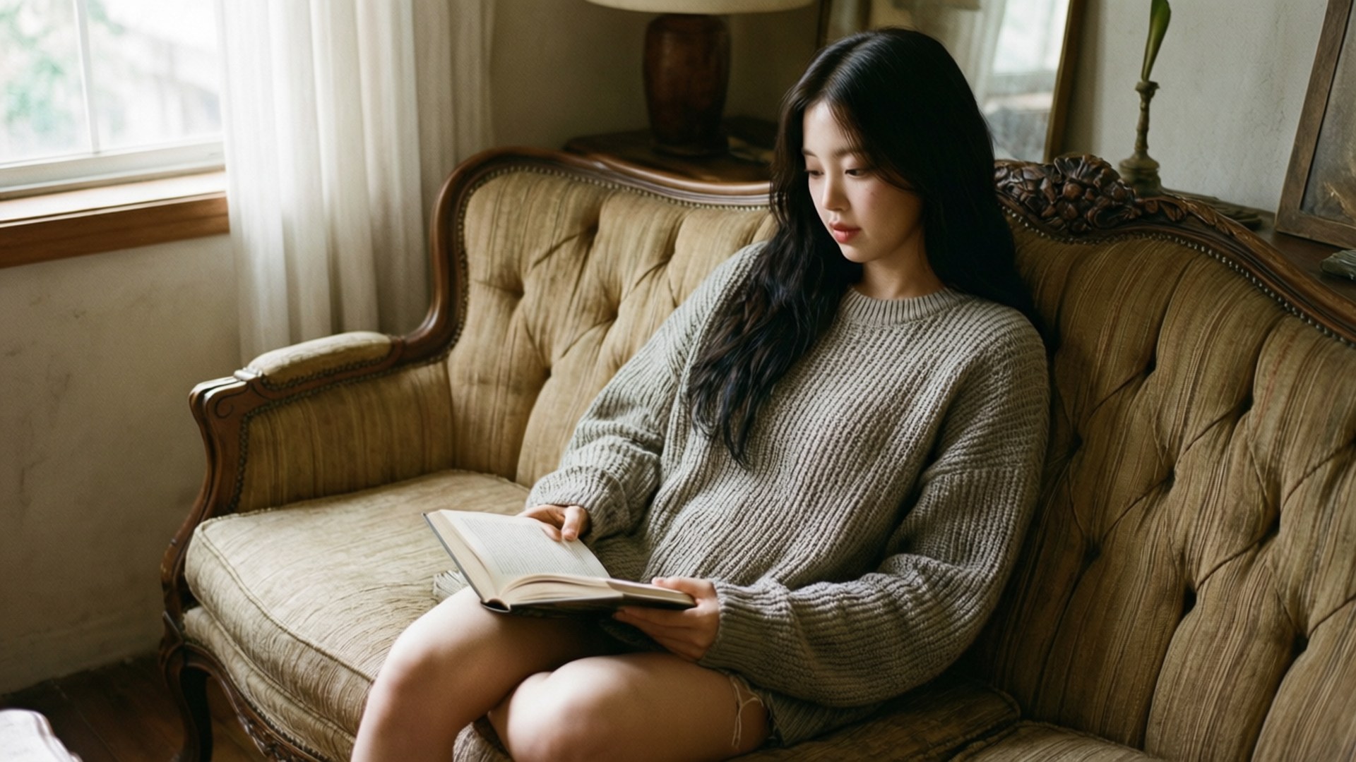 Jisoo, dark hair, vintage tufted sofa, Full HD Desktop Wallpaper