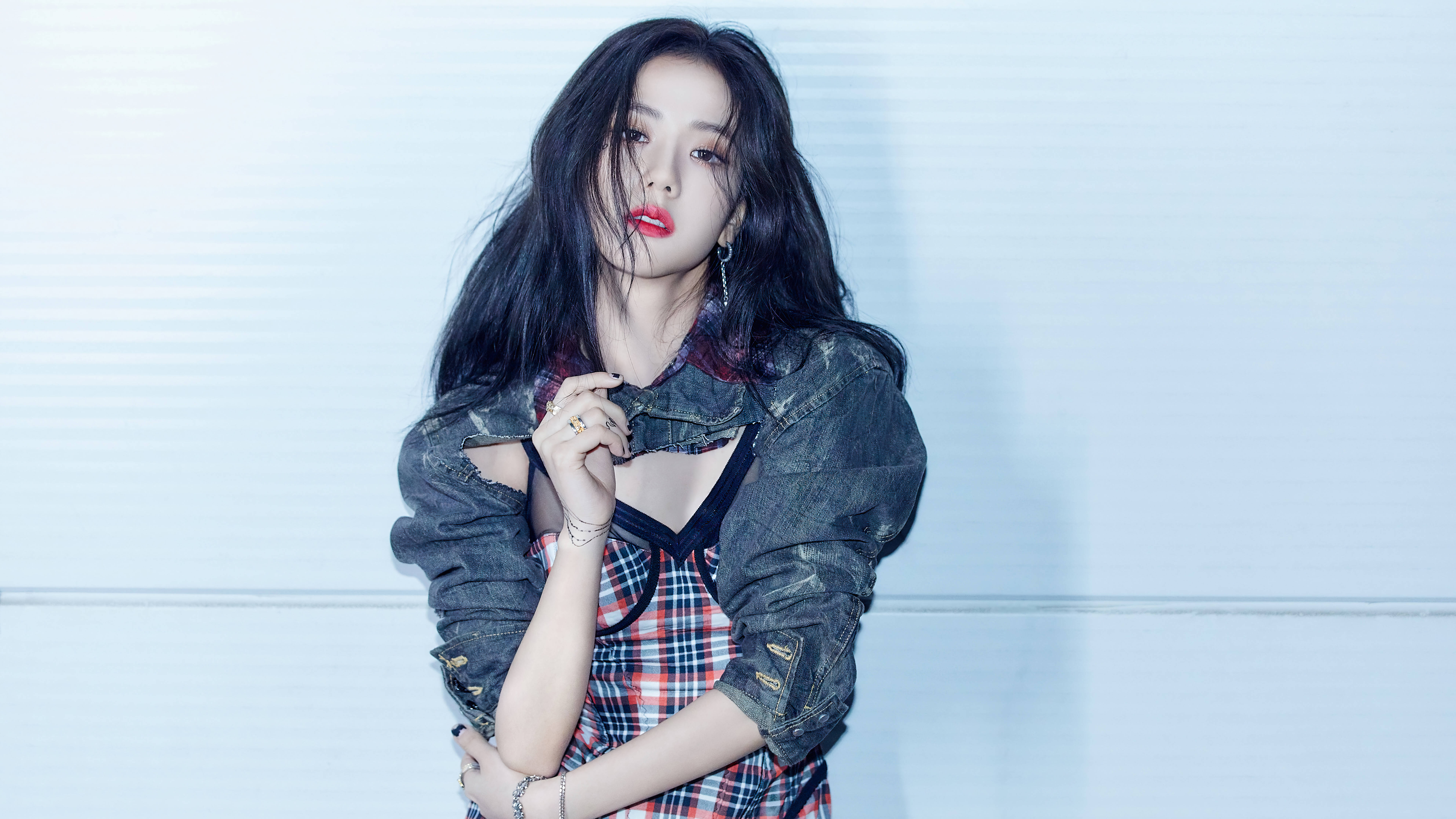 Jisoo, plaid dress, torn denim jacket, 8K Desktop Wallpaper