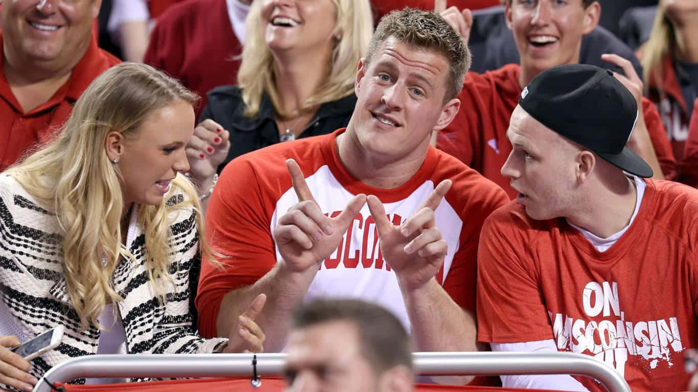 JJ Watt, red Wisconsin gear, basketball game, HD Desktop Wallpaper
