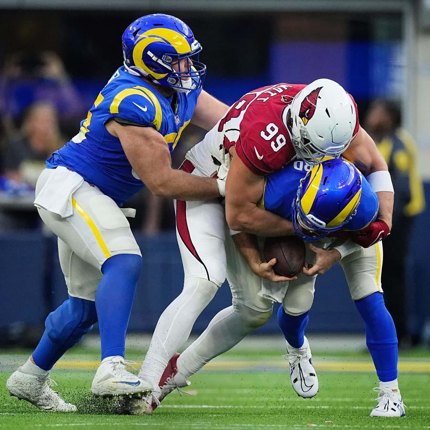 J J Watt, red jersey, blue and yellow defenders, HD Desktop Wallpaper