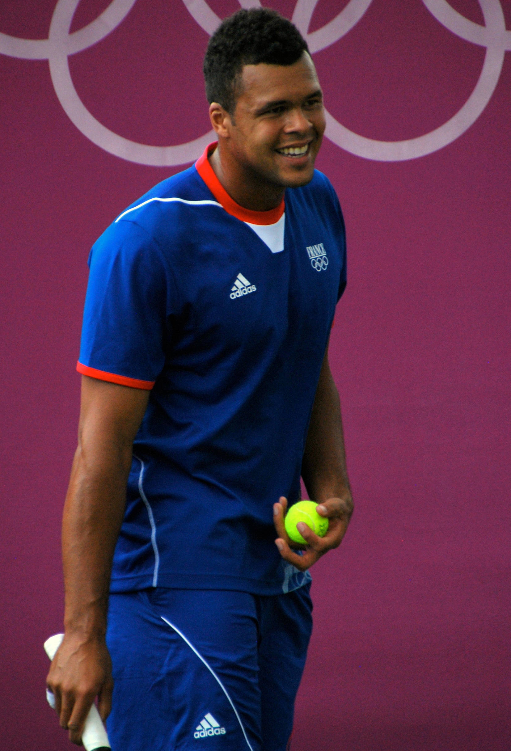 Jo-wilfried Tsonga, blue adidas Olympic uniform, bright yellow tennis ball, Full HD Phone Wallpaper