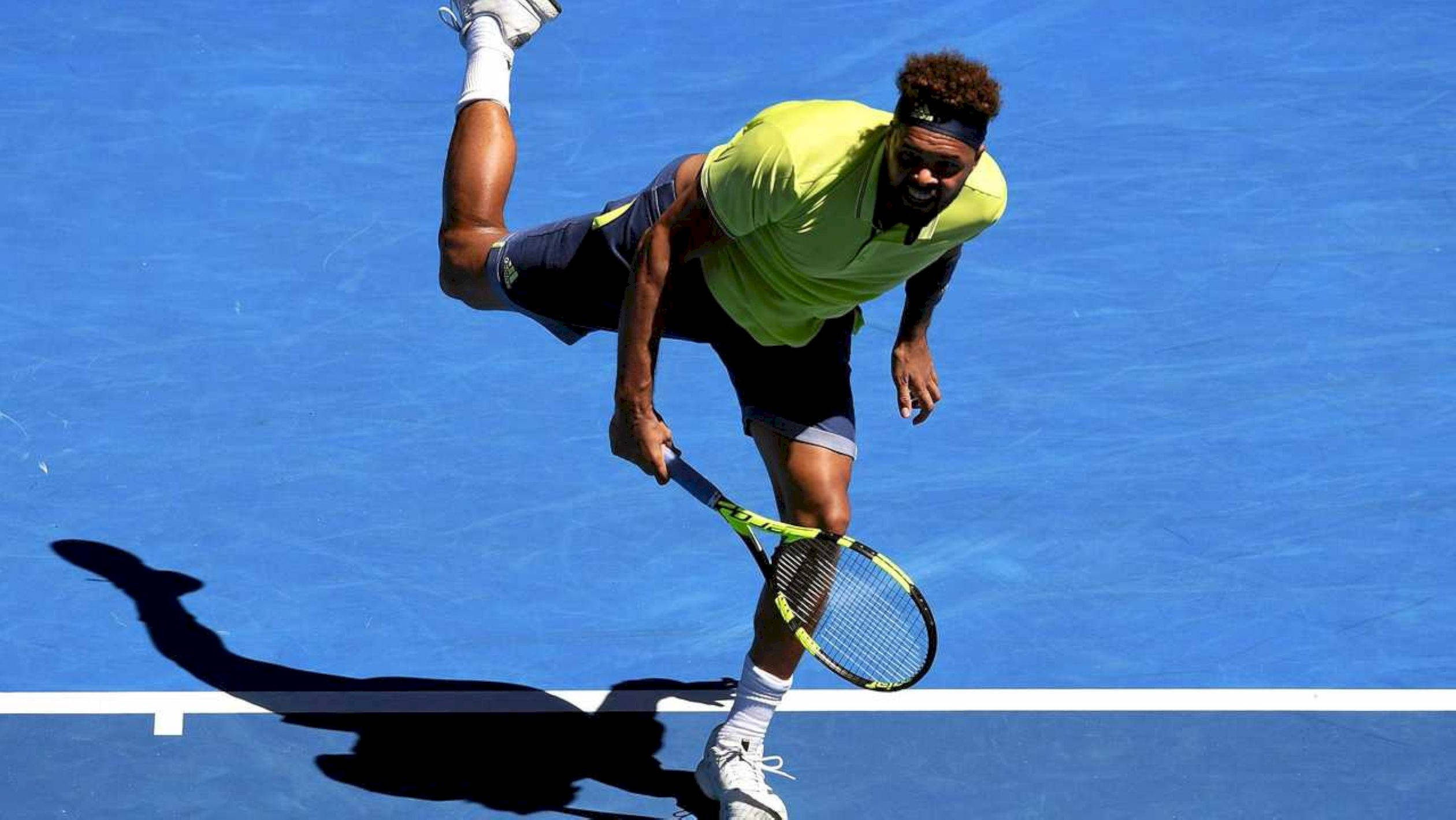 Jo-wilfried Tsonga, vibrant blue court, powerful forehand swing, Full HD Desktop Wallpaper