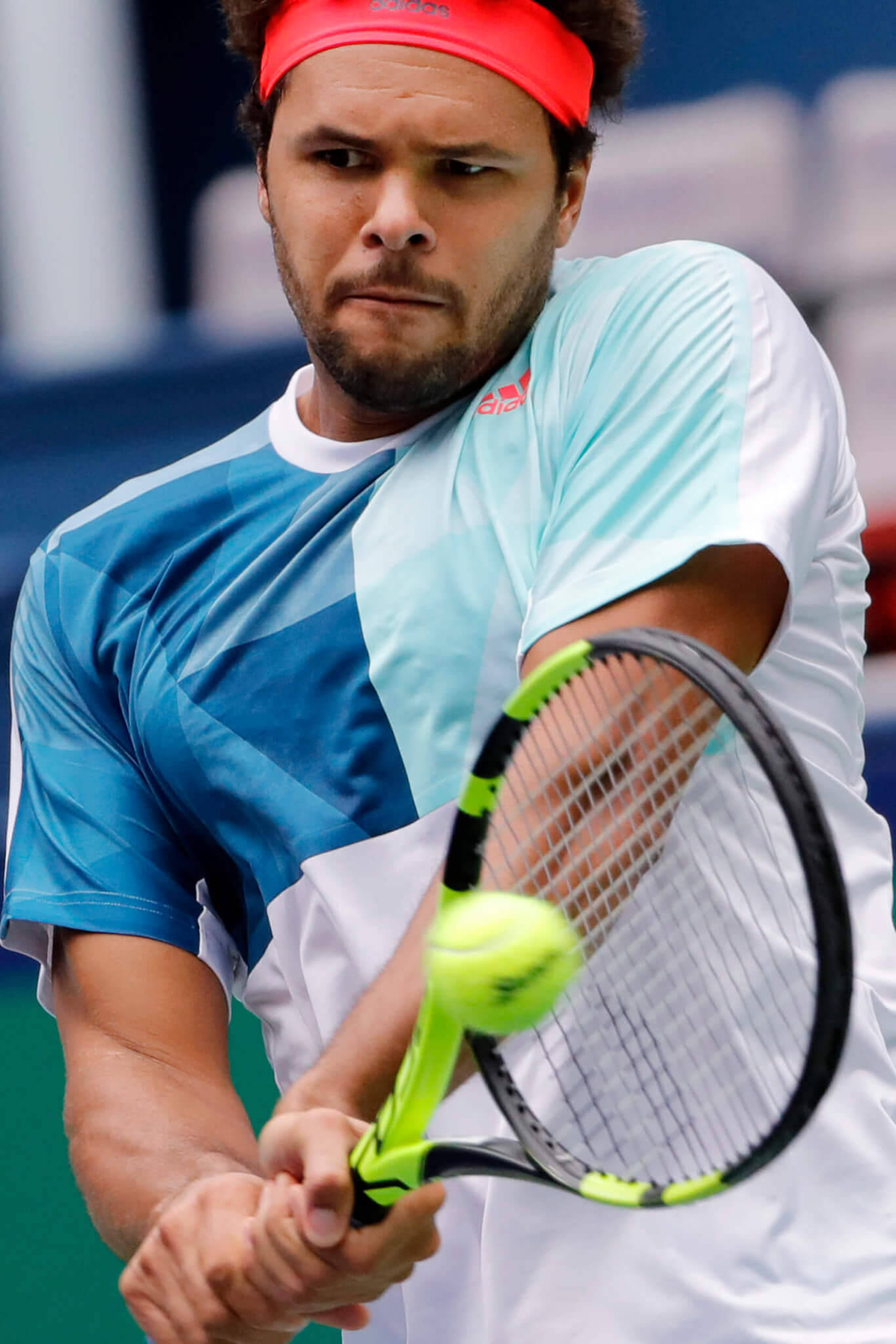 Jo-wilfried Tsonga, blue and white shirt, neon green racket, Full HD Phone Wallpaper
