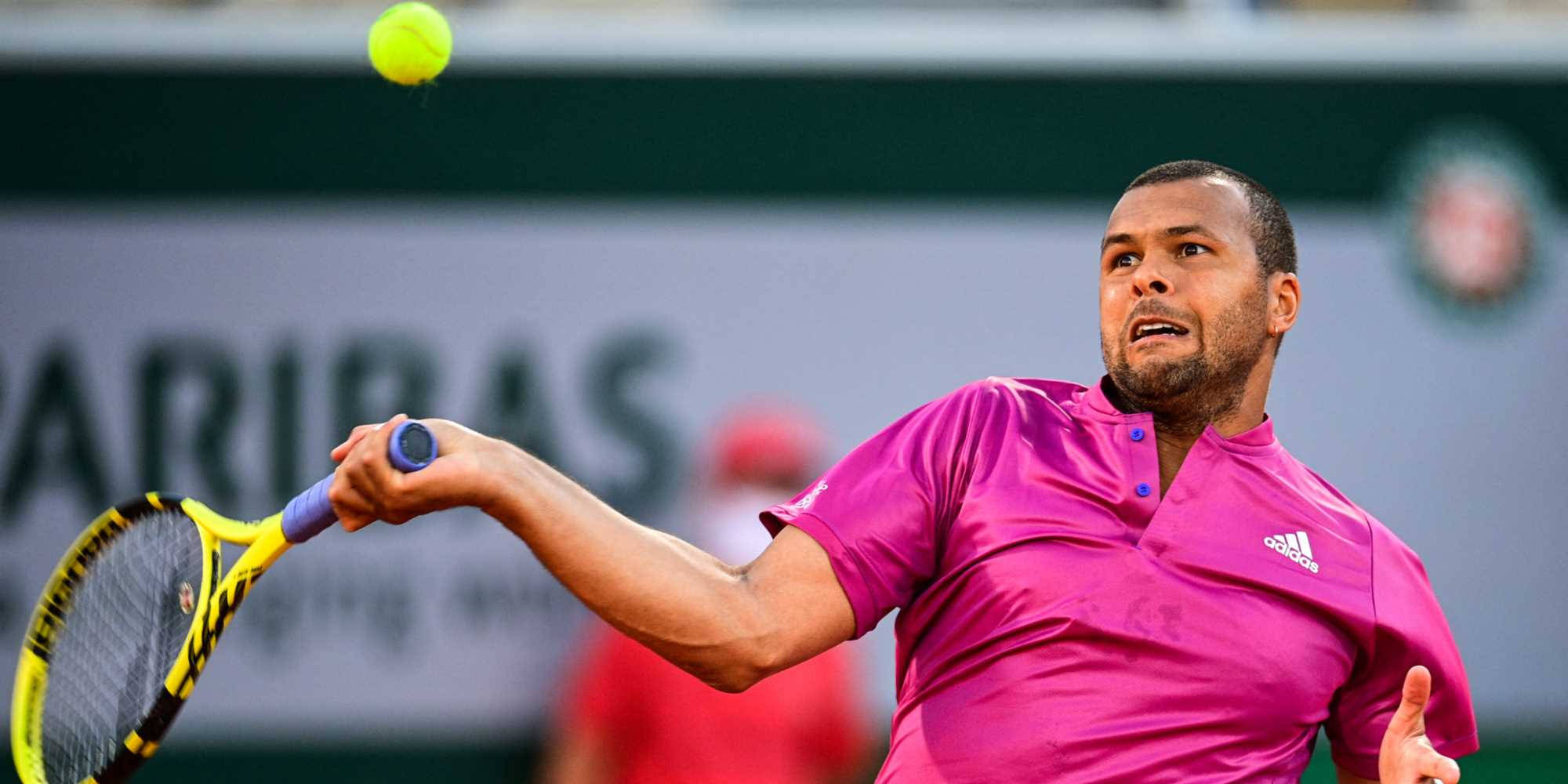 Jo-wilfried Tsonga, pink shirt, bright yellow tennis ball, Full HD Desktop Wallpaper