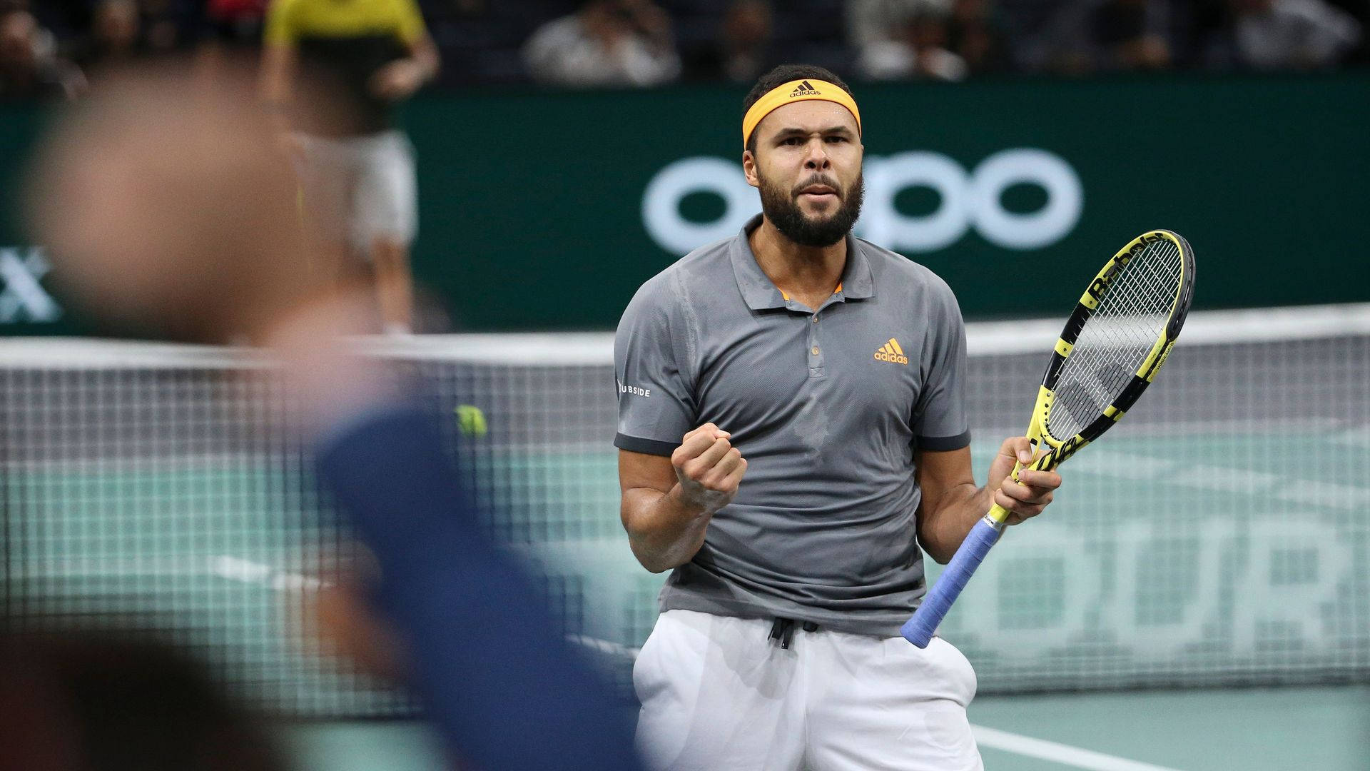 Jo-Wilfried Tsonga, gray shirt, white shorts, Full HD Desktop Wallpaper