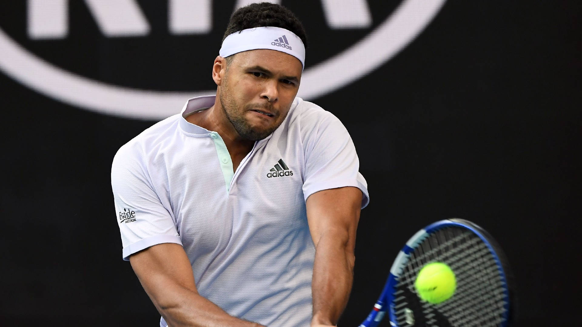Jo-wilfried Tsonga, white adidas gear, bright yellow tennis ball, Full HD Desktop Wallpaper