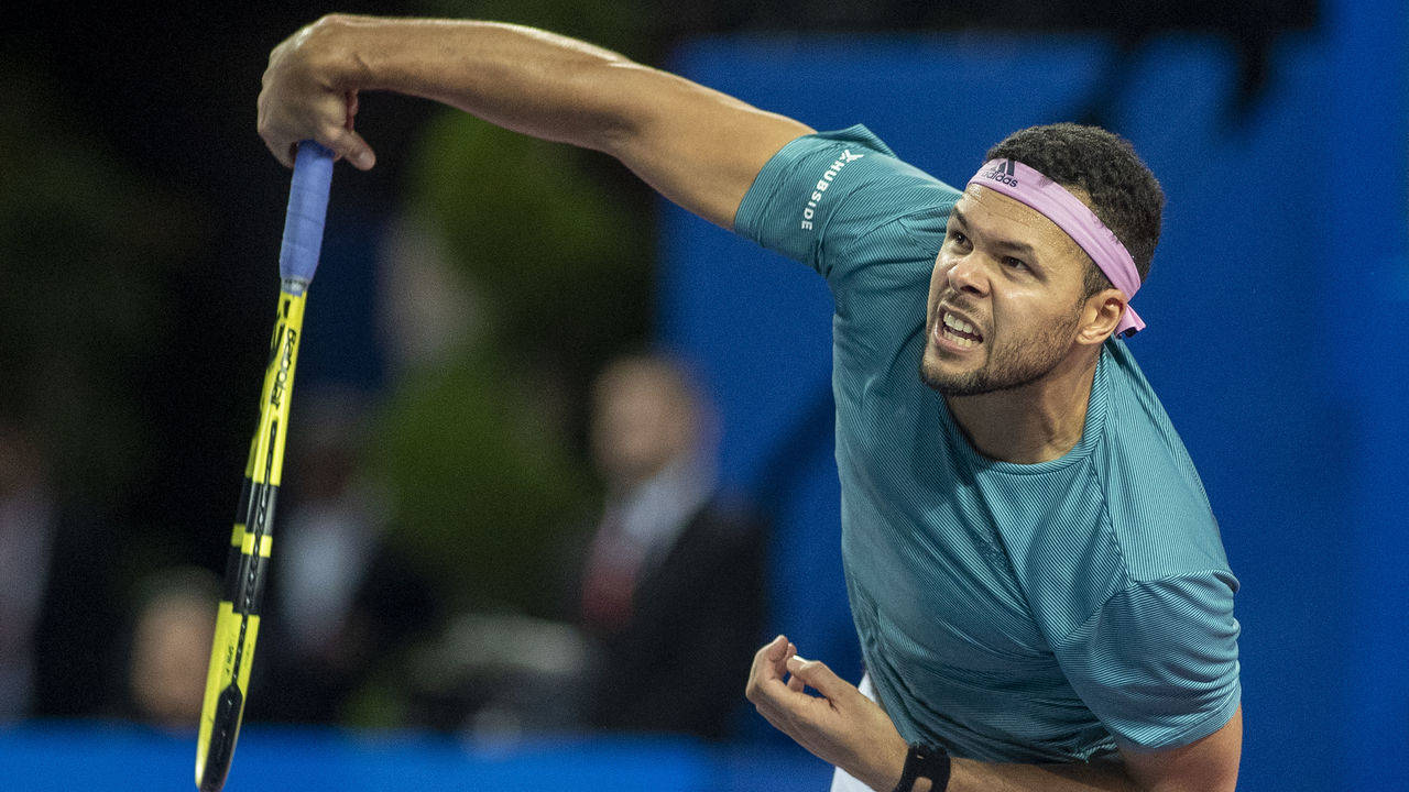 Jo-wilfried Tsonga, blue shirt, pink headband, HD Desktop Wallpaper