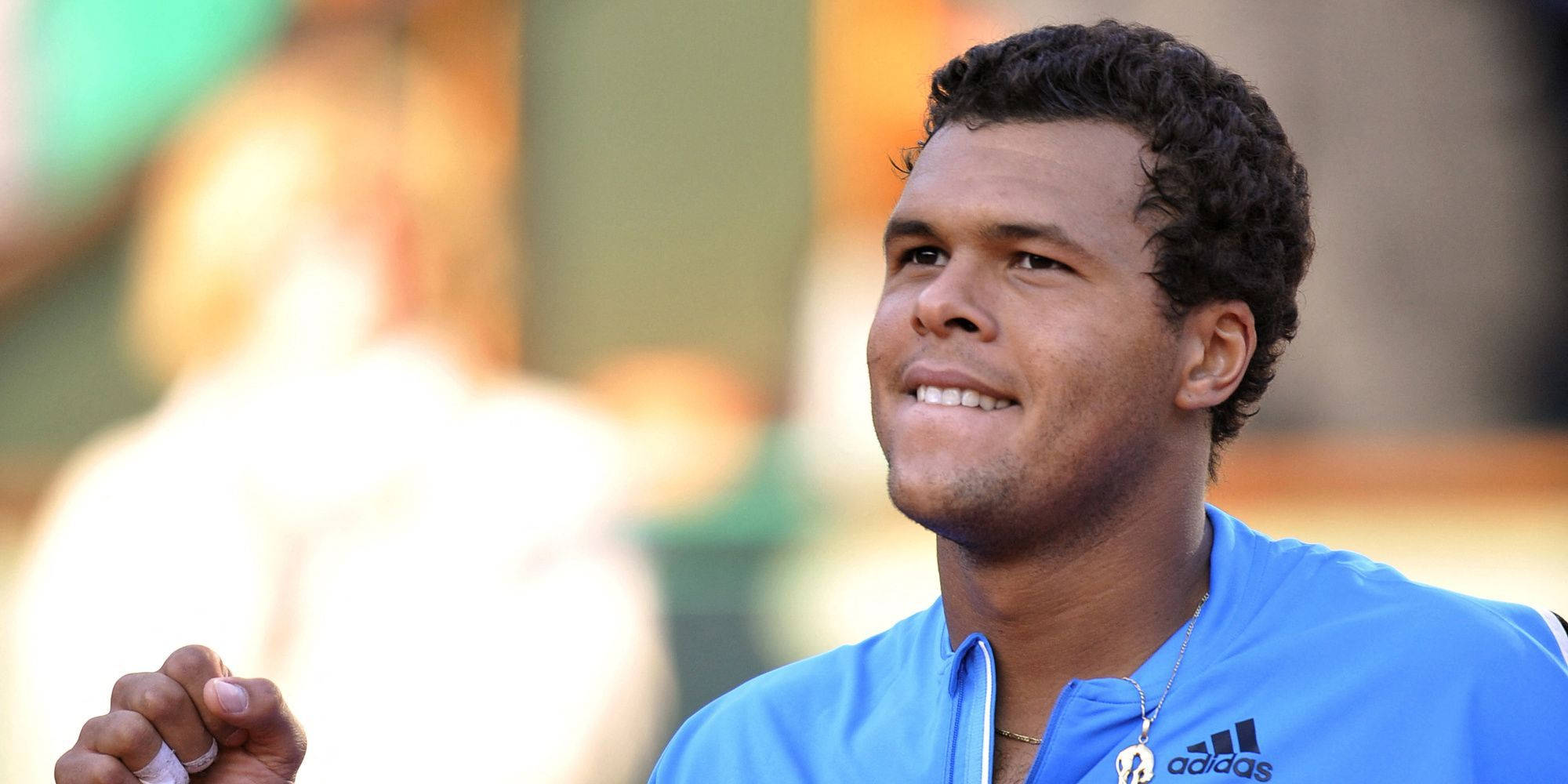Jo-wilfried Tsonga, blue adidas shirt, clenching fist in triumph, Full HD Desktop Wallpaper