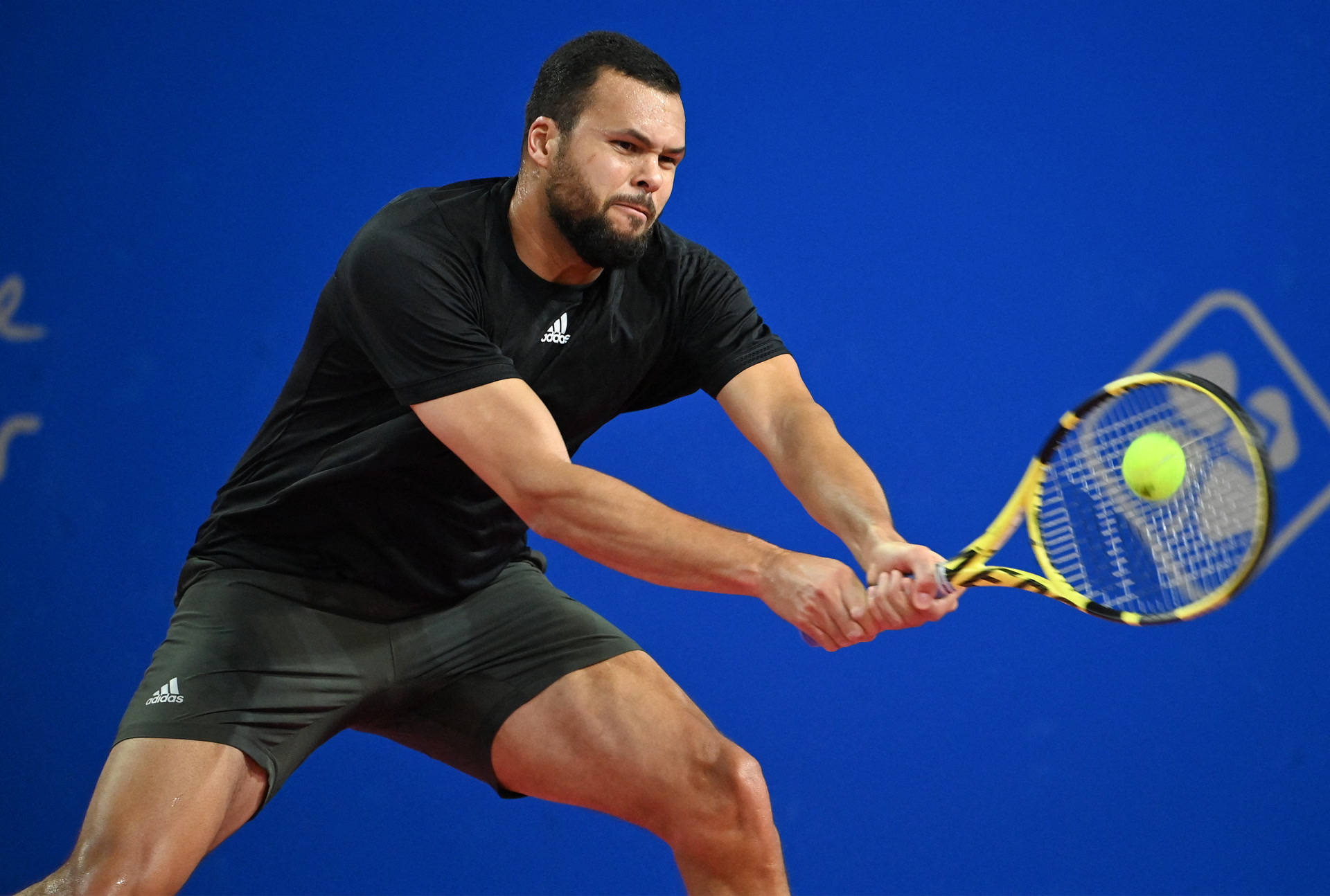 Jo-wilfried Tsonga, black gear, bright yellow ball, Full HD Desktop Wallpaper