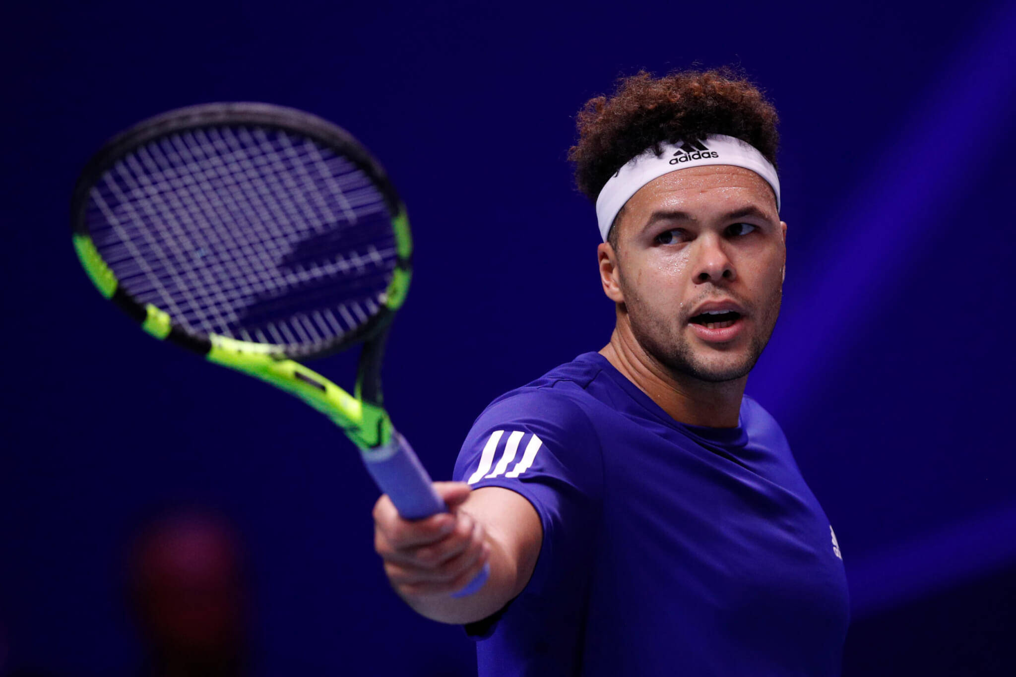 Jo-wilfried Tsonga, neon green racket, blue shirt, Full HD Desktop Wallpaper