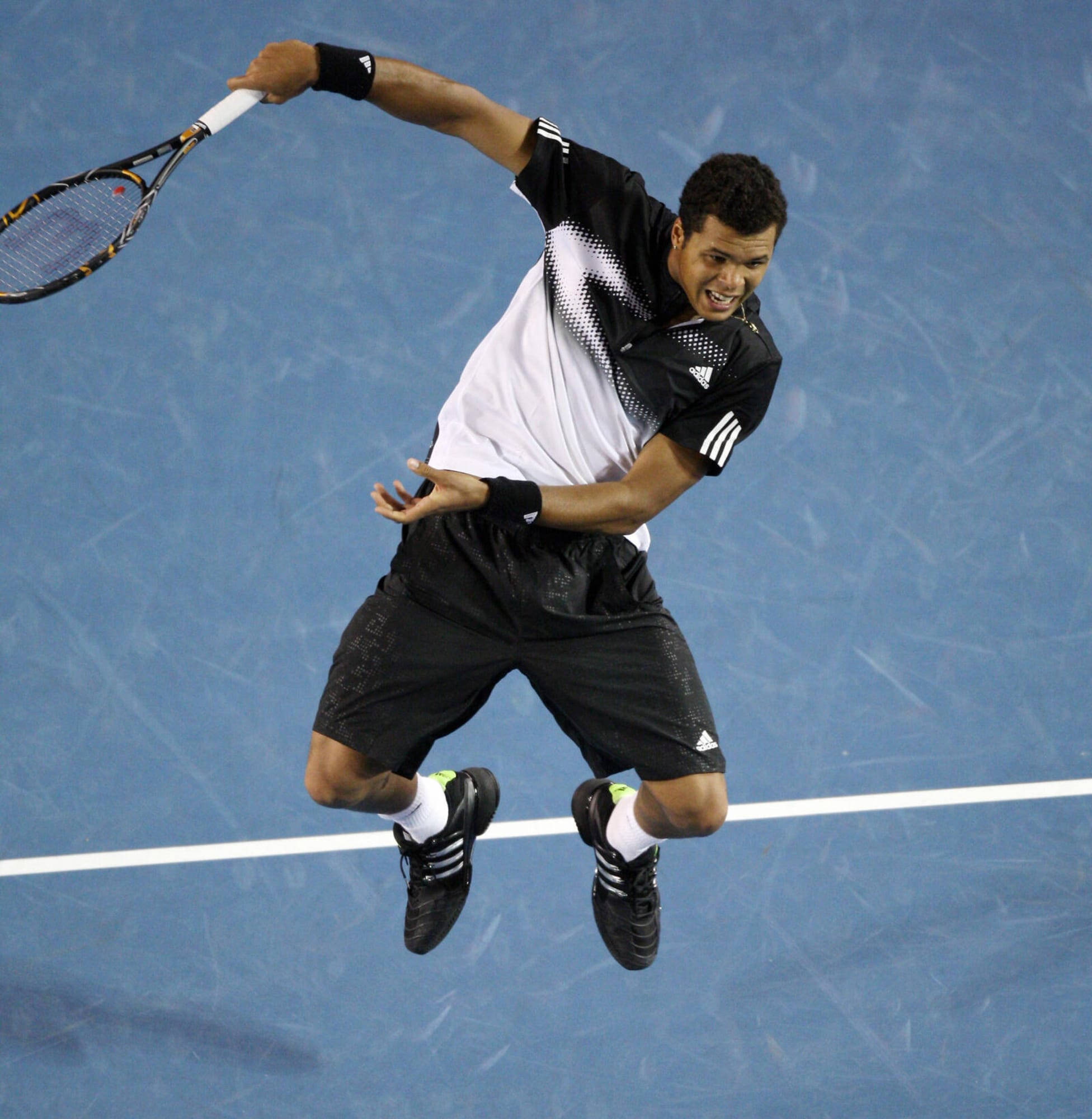 Jo-wilfried Tsonga, blue court, overhead smash, Full HD Phone Wallpaper