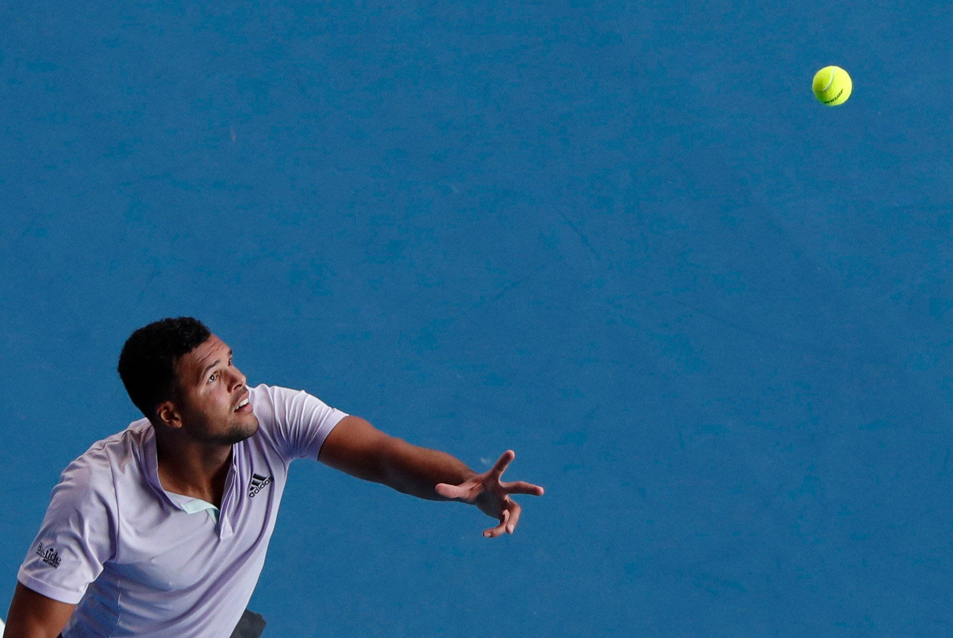 Jo-wilfried Tsonga, bright yellow ball, solid blue court background, Full HD Desktop Wallpaper