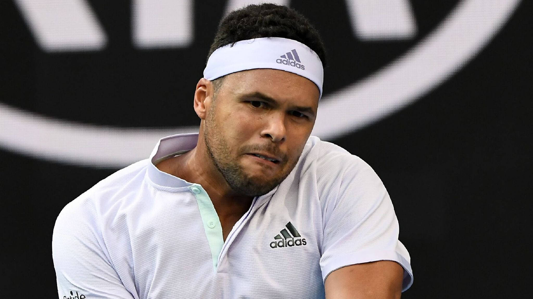 Jo-Wilfried Tsonga, white adidas gear, black and white branded backdrop, Full HD Desktop Wallpaper