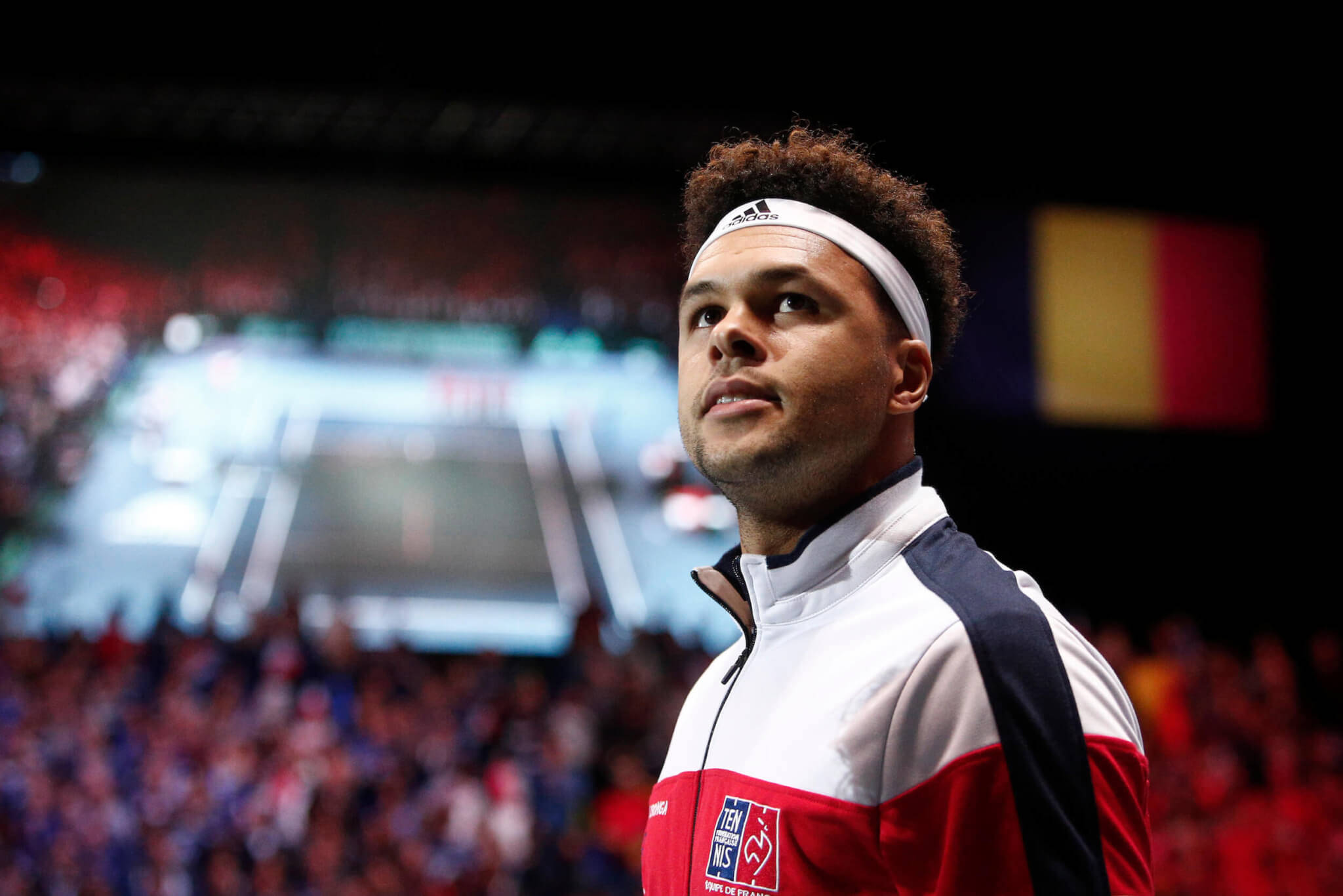 Jo-wilfried Tsonga, red white and blue jacket, brightly lit stadium, Full HD Desktop Wallpaper