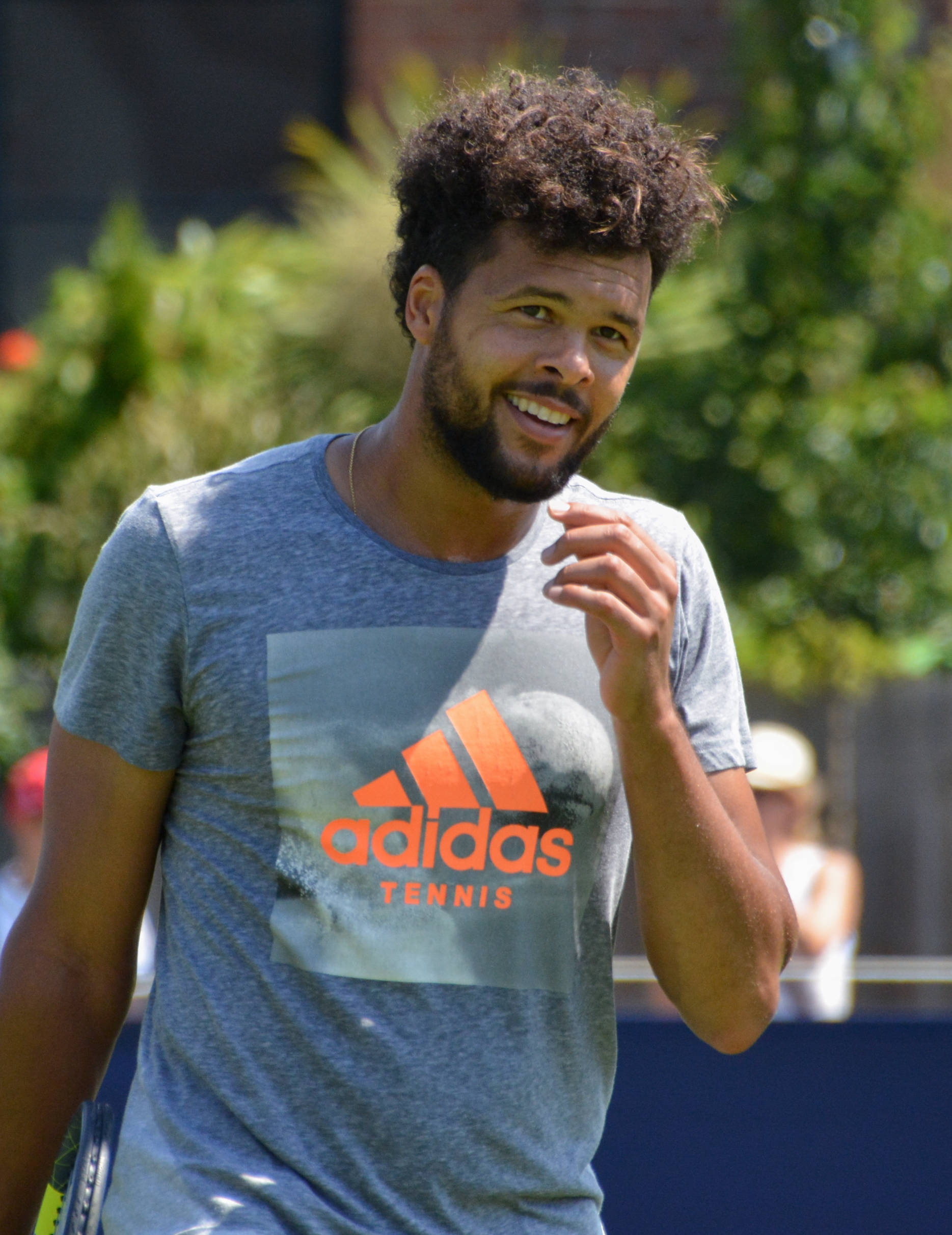 Jo-Wilfried Tsonga, curly hair, gray adidas tennis shirt, Full HD Phone Wallpaper
