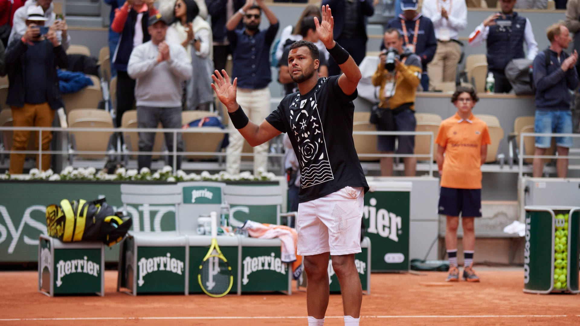 Jo-Wilfried Tsonga, black shirt, white shorts, Full HD Desktop Wallpaper